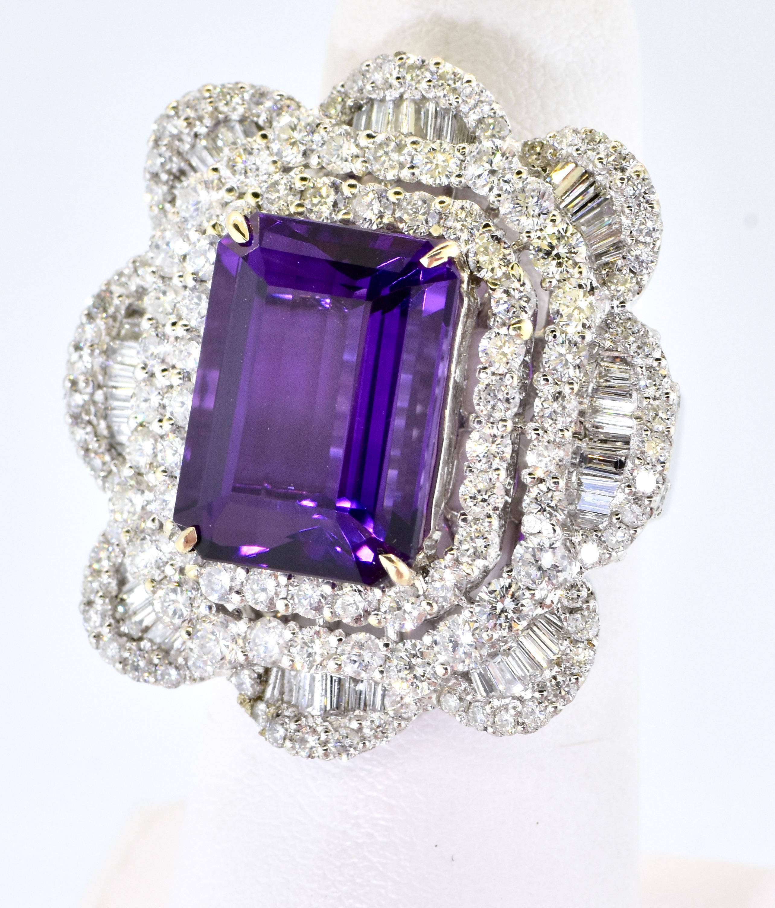Amethyst - Gem Quality with White Diamond in 18K White Gold Hand Crafted Ring For Sale 4