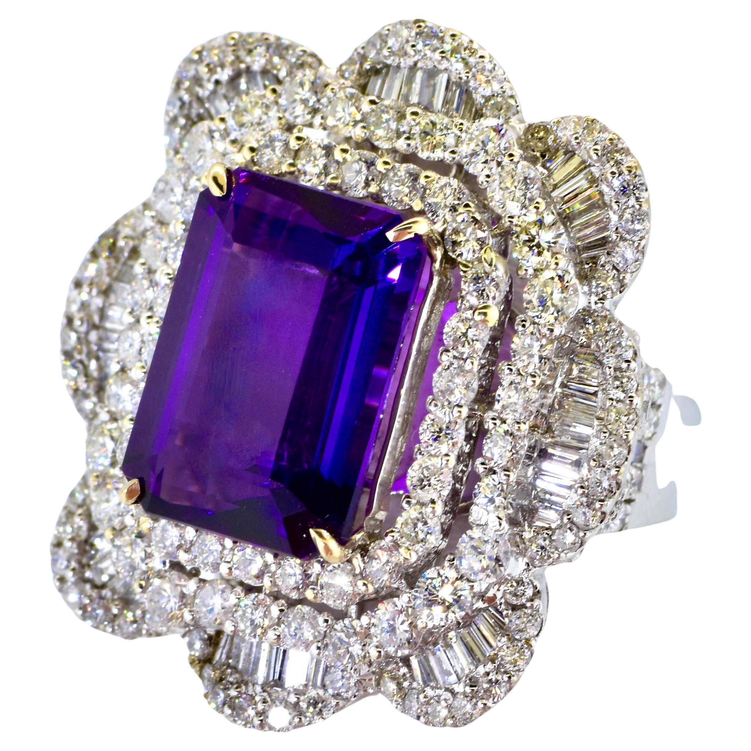 Amethyst - Gem Quality with White Diamond in 18K White Gold Hand Crafted Ring For Sale