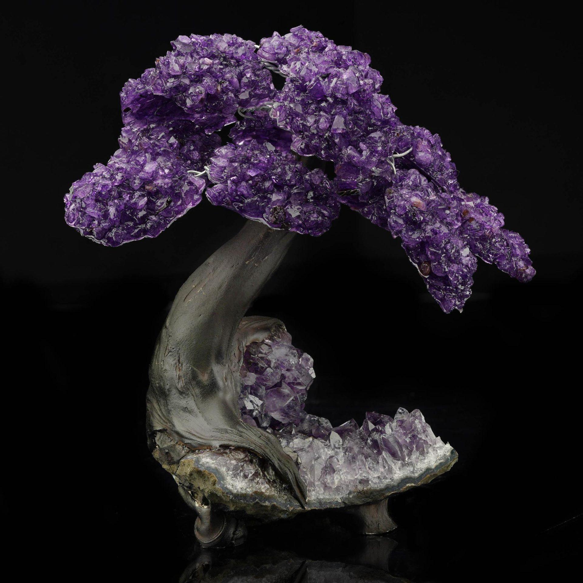 Brazilian Amethyst Gem Tree on Amethyst Cluster Base For Sale