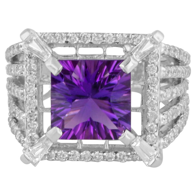 Amethyst Gemstone Cocktail Ring Baguette Diamond 14 Karat White Gold