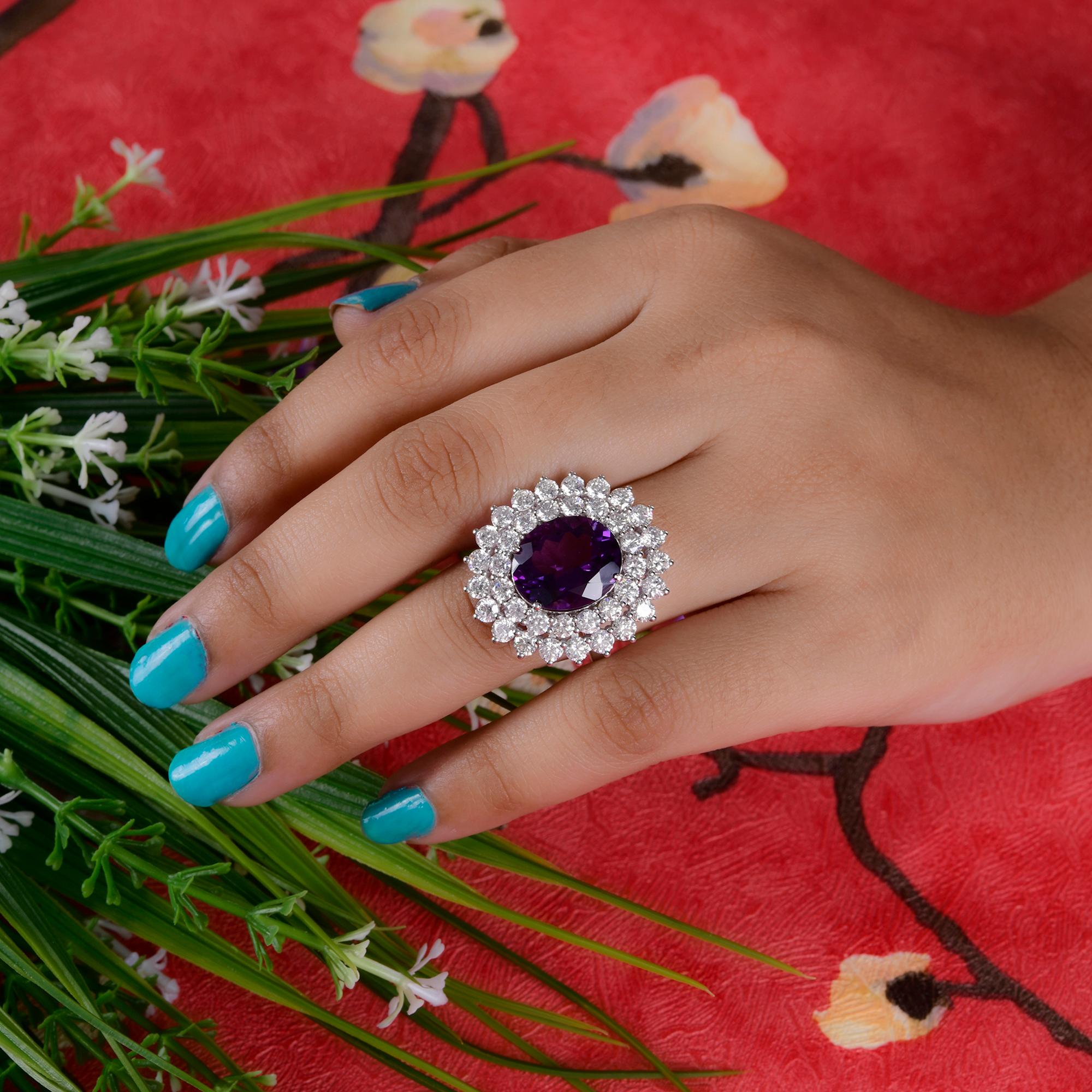 Women's Amethyst Gemstone Cocktail Ring Diamond 14 Karat White Gold Handmade Jewelry For Sale