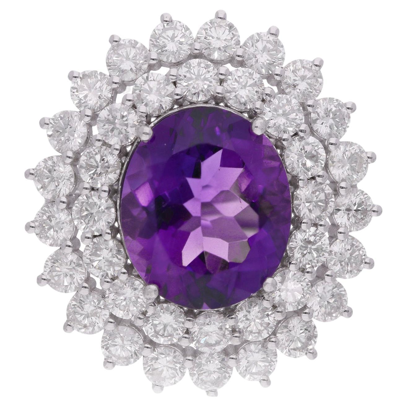 Anillo Cóctel Amatista Diamante Oro Blanco 14 Kilates Joyería Artesanal