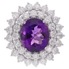 Amethyst Gemstone Cocktail Ring Diamond 14 Karat White Gold Handmade Jewelry