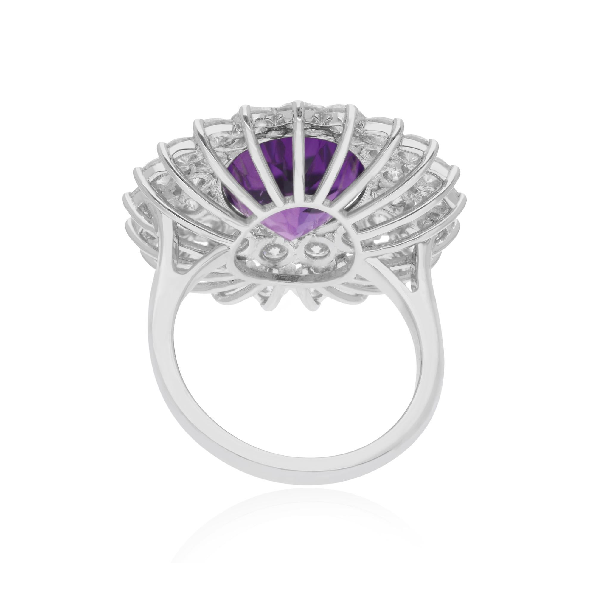 Modern Amethyst Gemstone Cocktail Ring Diamond 18 Karat White Gold Handmade Jewelry For Sale