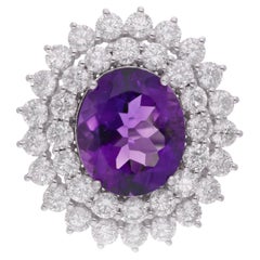 Amethyst Gemstone Cocktail Ring Diamond 18 Karat White Gold Handmade Jewelry