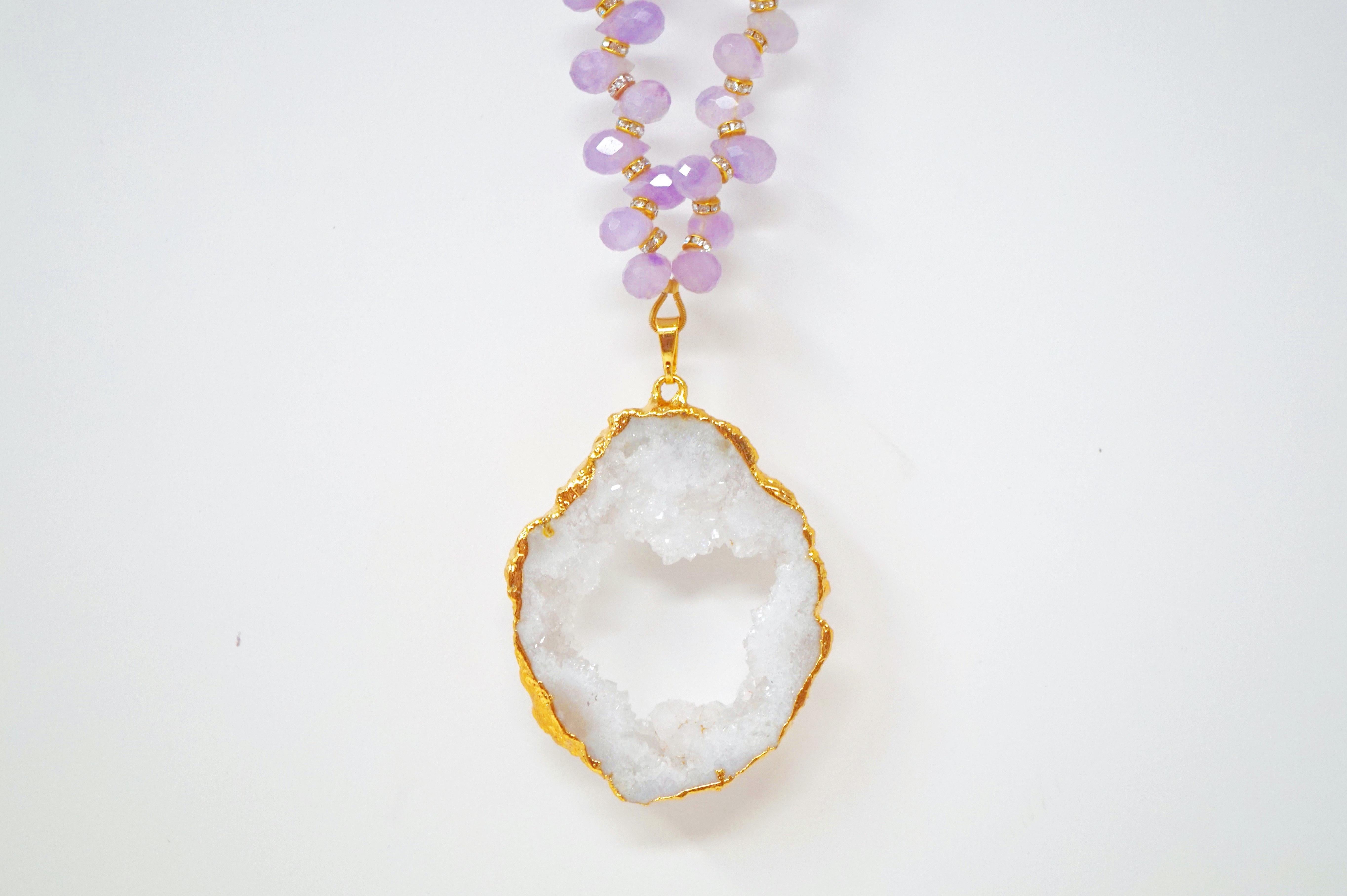 Modern Amethyst Gemstone Necklace with Swarovski Accents and Gilded Druzy Geode Pendant For Sale