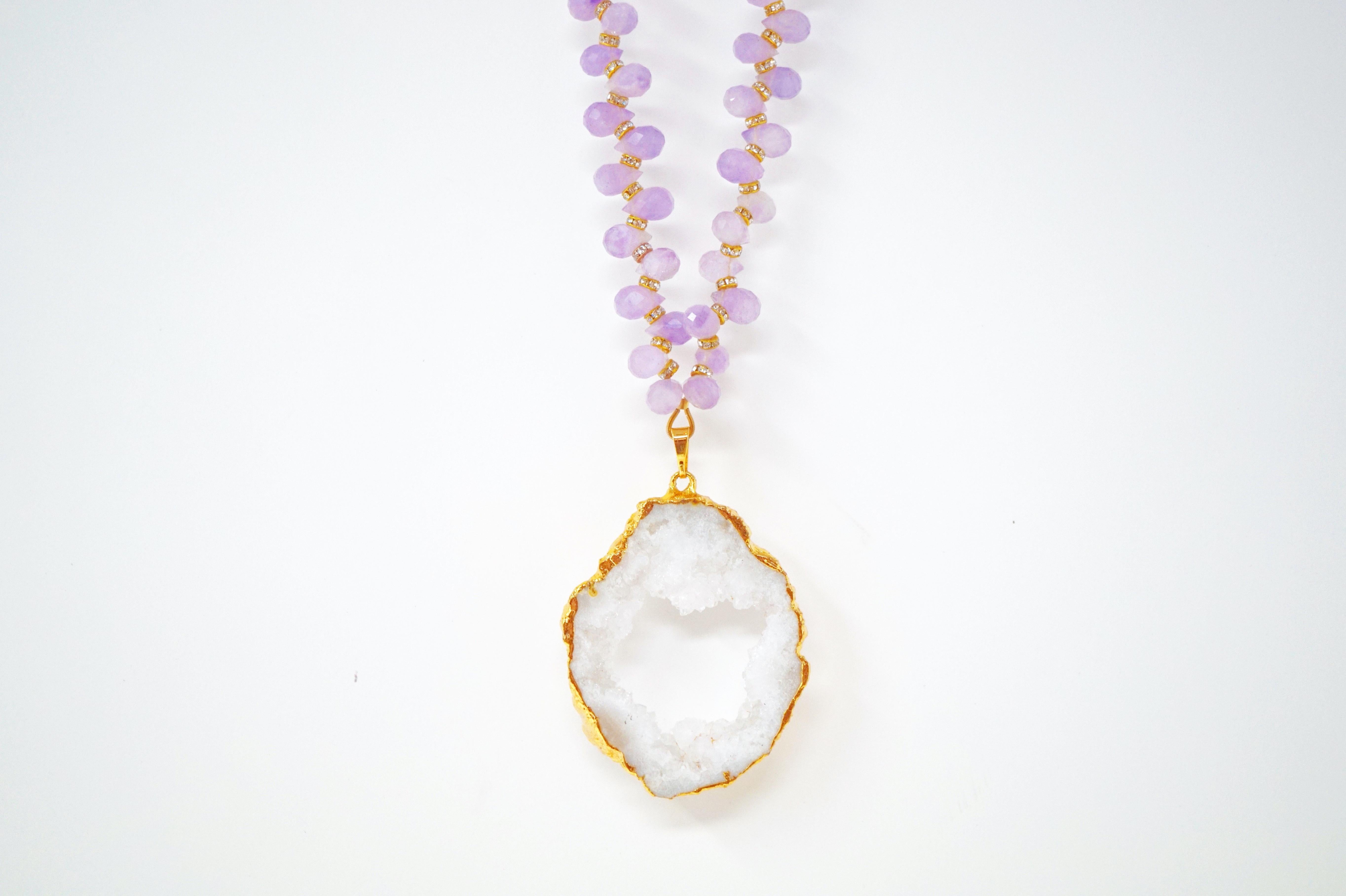 Briolette Cut Amethyst Gemstone Necklace with Swarovski Accents and Gilded Druzy Geode Pendant For Sale