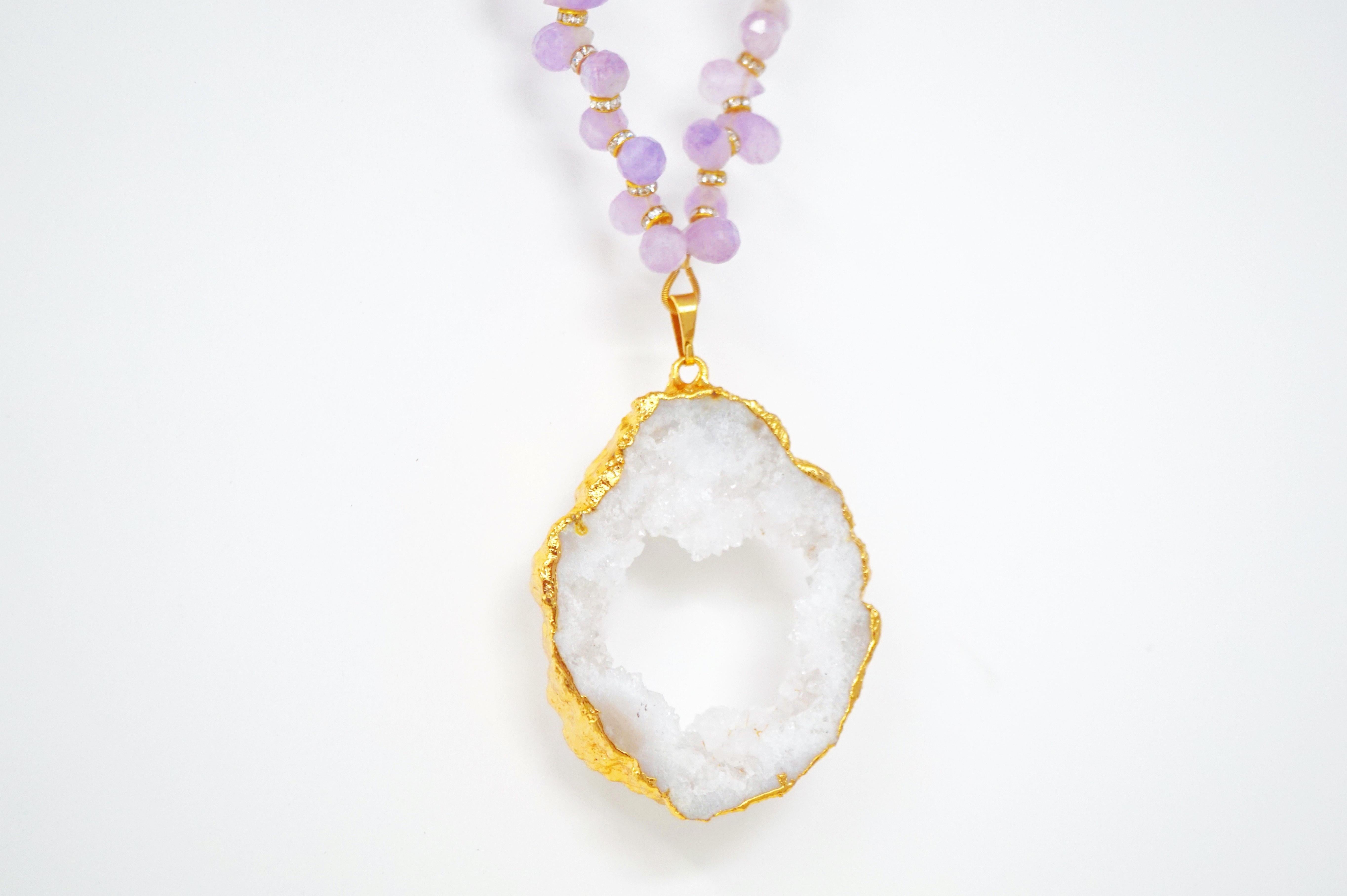 Amethyst Gemstone Necklace with Swarovski Accents and Gilded Druzy Geode Pendant In New Condition For Sale In McKinney, TX
