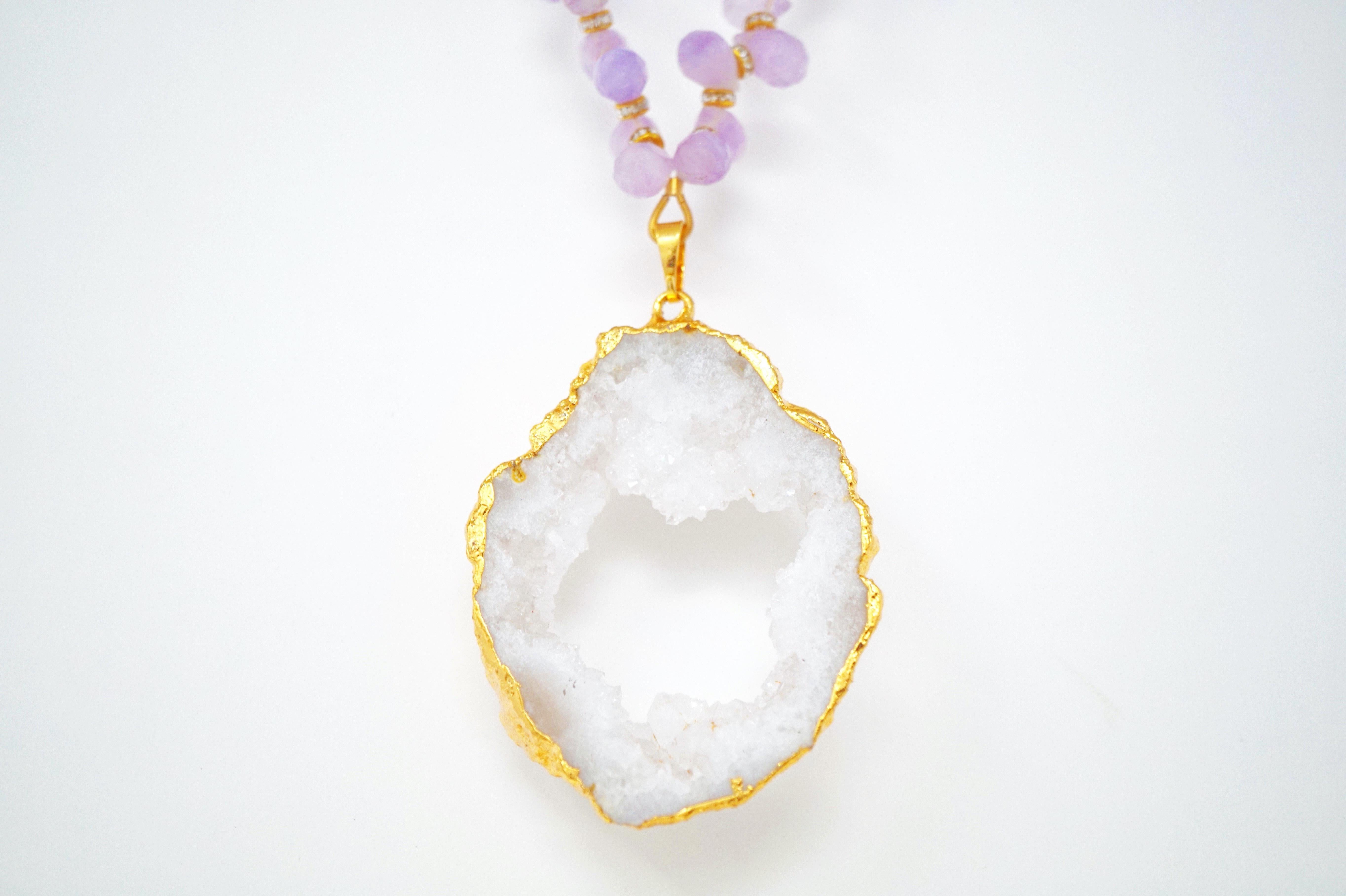 Women's Amethyst Gemstone Necklace with Swarovski Accents and Gilded Druzy Geode Pendant For Sale