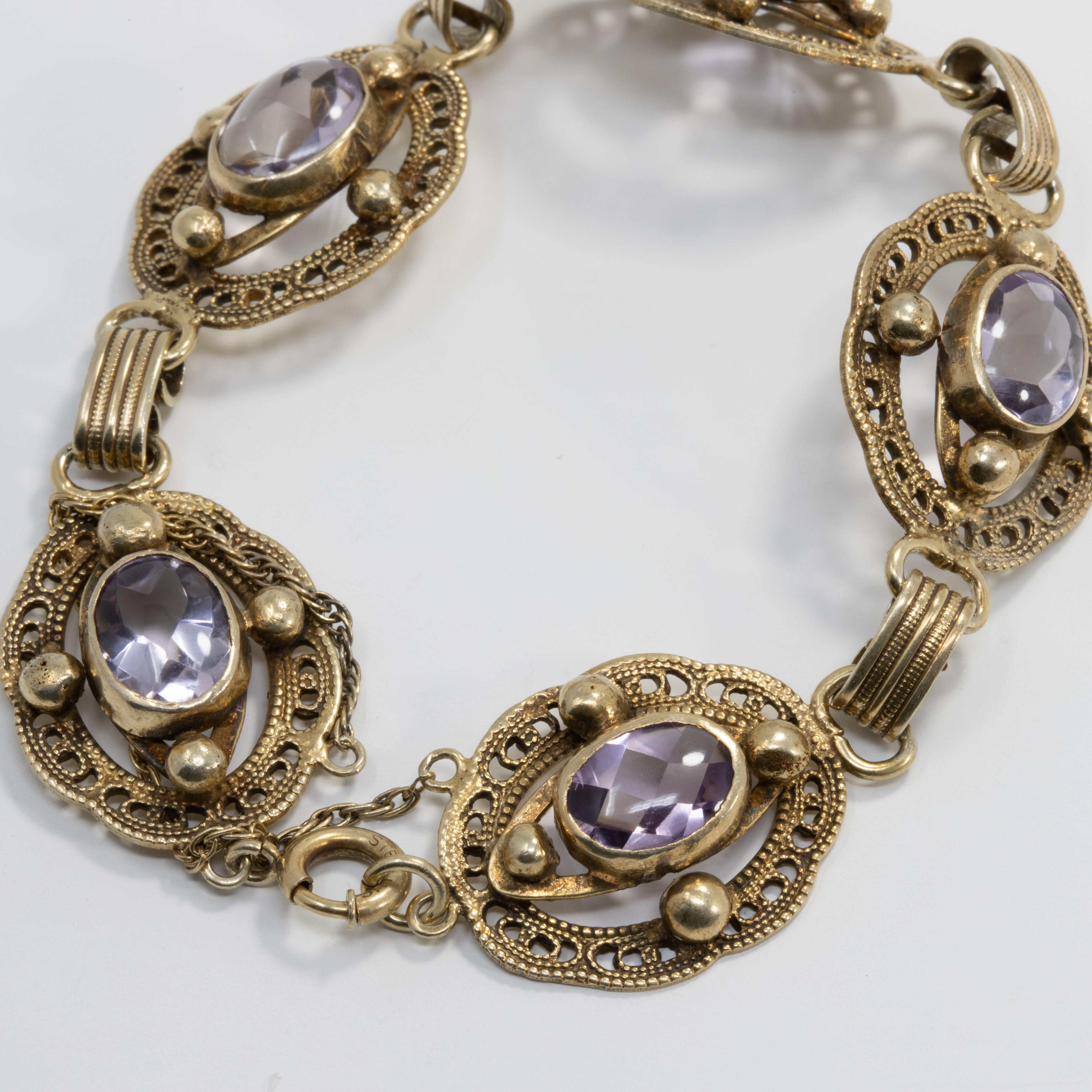 Oval Cut Amethyst Gemstone Ornate Link Vermeil Bracelet, Hallmarked Sterling, Early 1900s For Sale