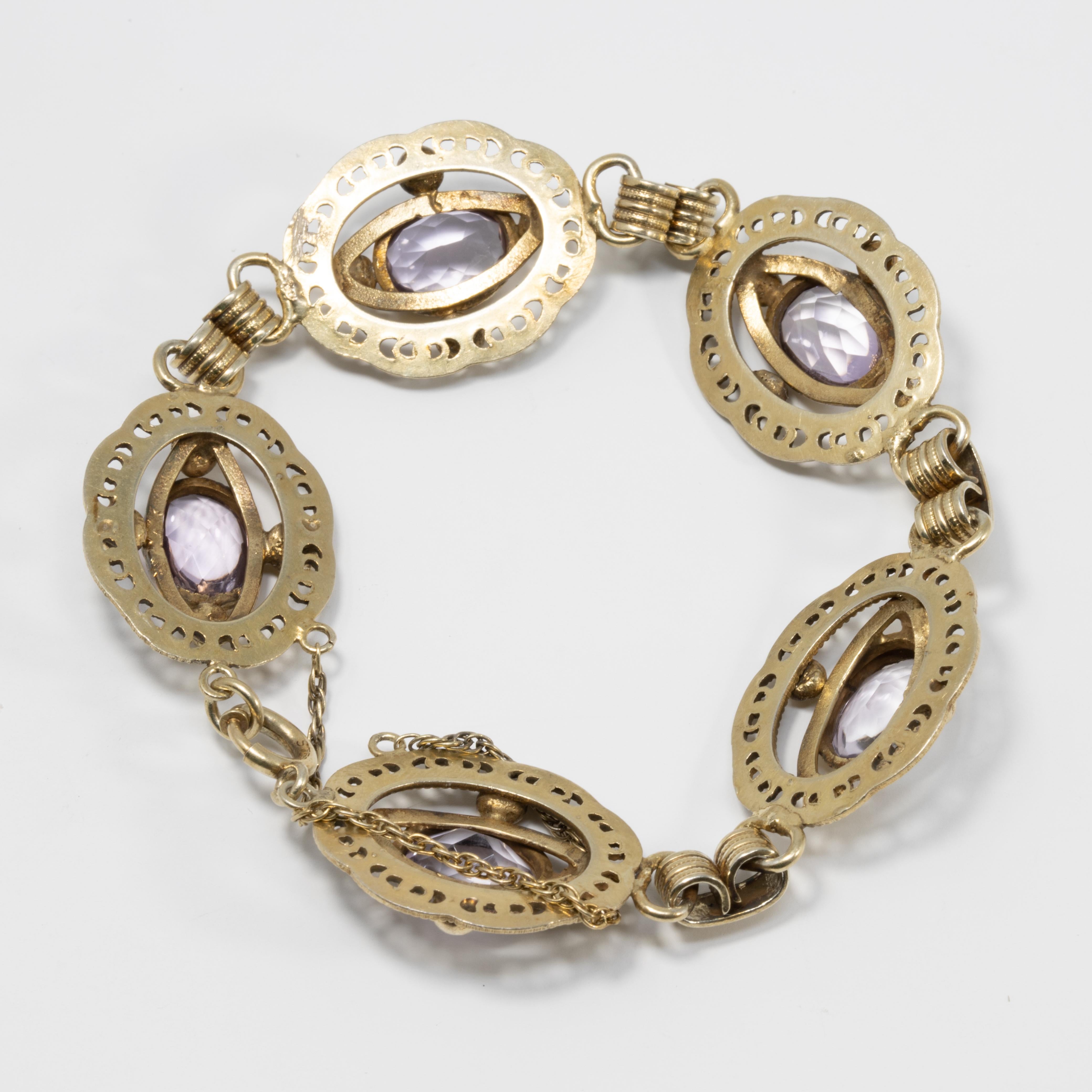 Amethyst Gemstone Ornate Link Vermeil Bracelet, Hallmarked Sterling, Early 1900s In Excellent Condition For Sale In Milford, DE