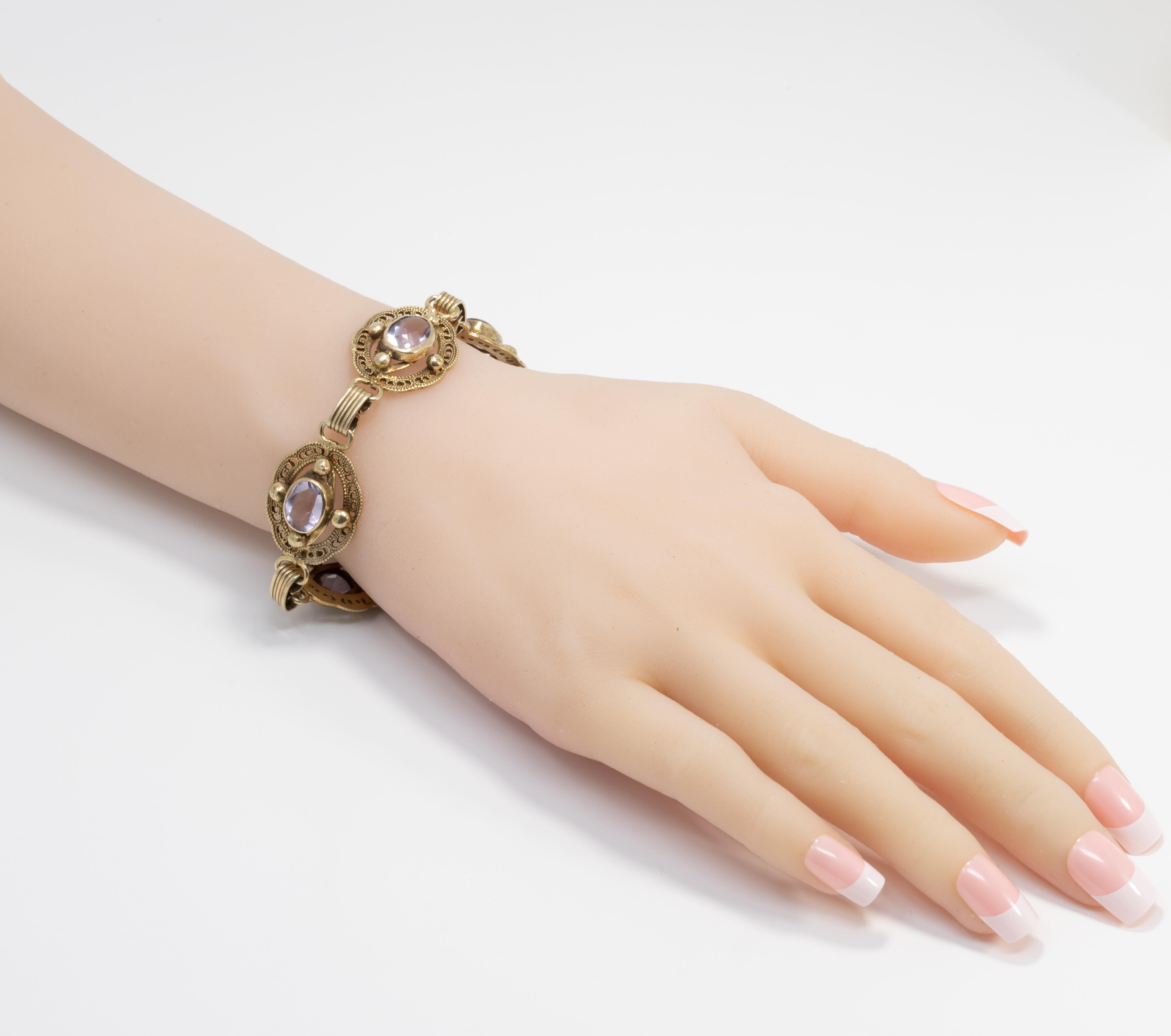 da uomo o donna Bracciale in ametista con gemma ornata, A Link Vermeil, Sterling con marchio, primi anni del 1900 in vendita