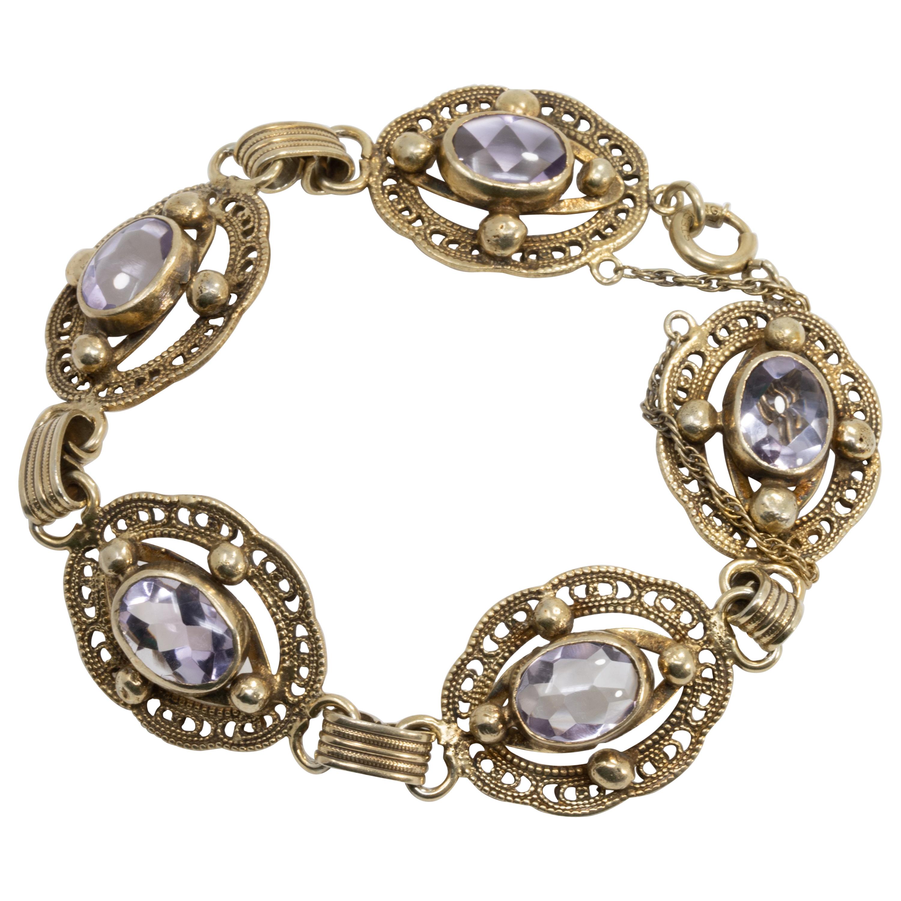 Amethyst Gemstone Ornate Link Vermeil Bracelet, Hallmarked Sterling, Early 1900s