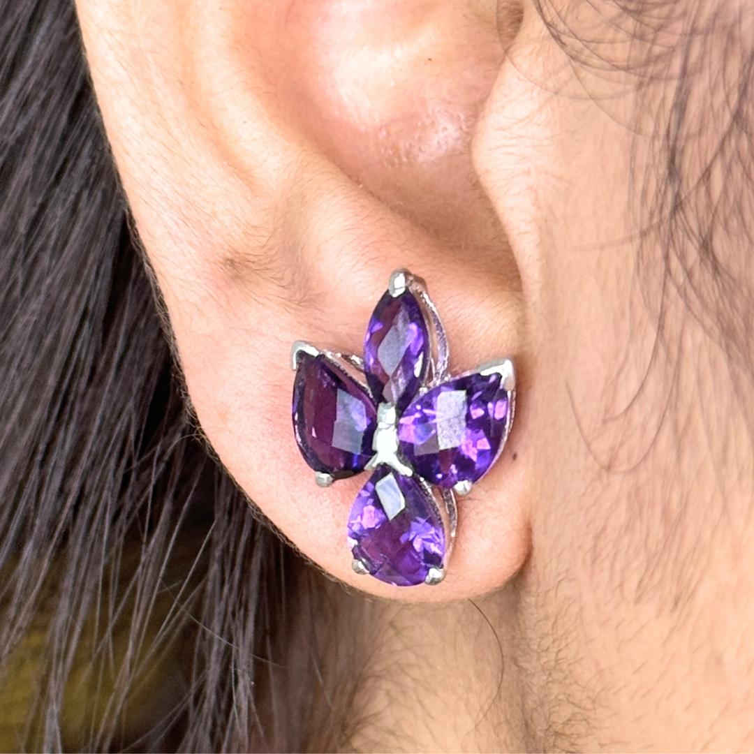 Mixed Cut Amethyst Gemstone Stud Earrings for Girlfriend Gift Made in Silver For Mother For Sale