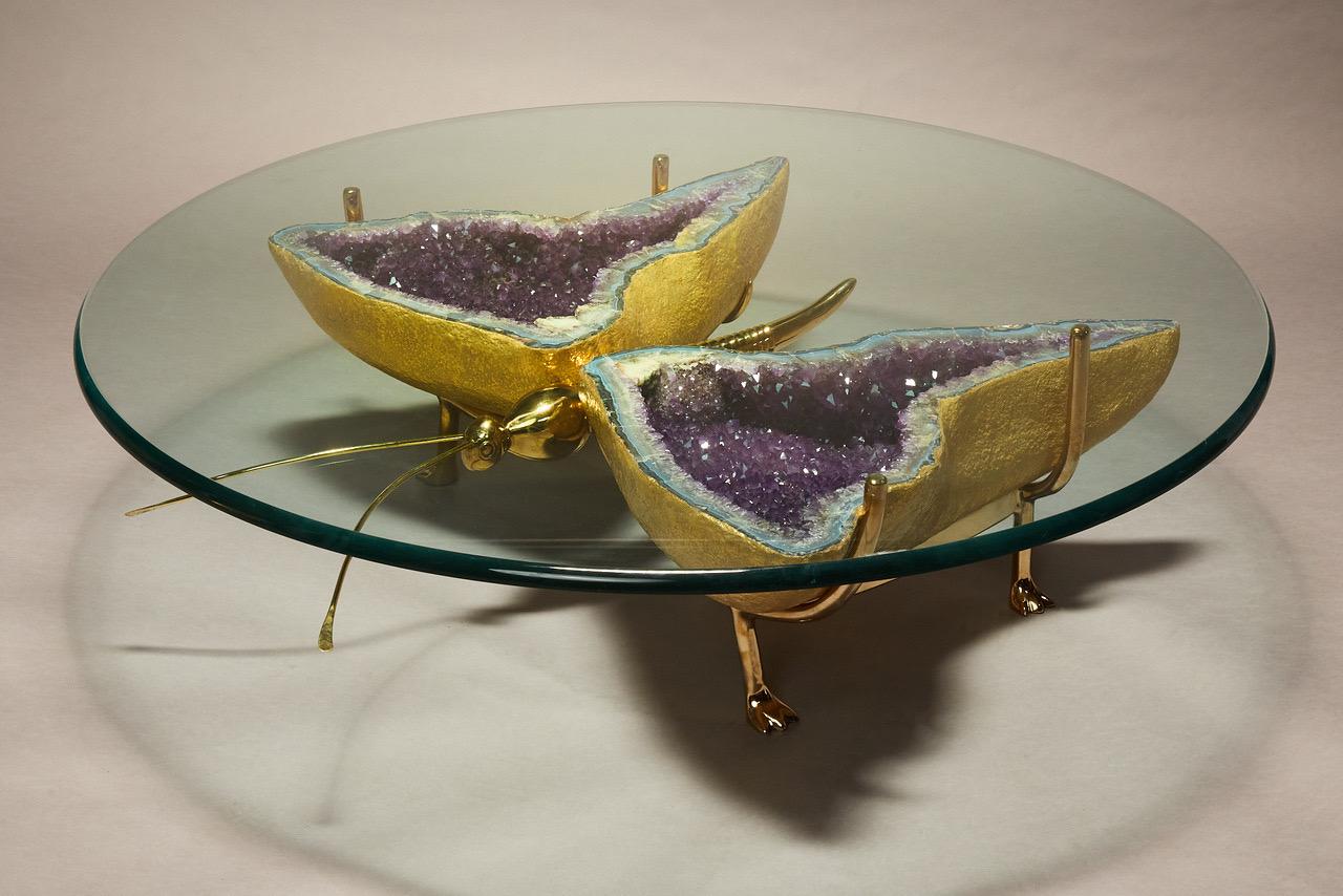 Hollywood Regency Amethyst Geode Butterfly Coffee Table For Sale