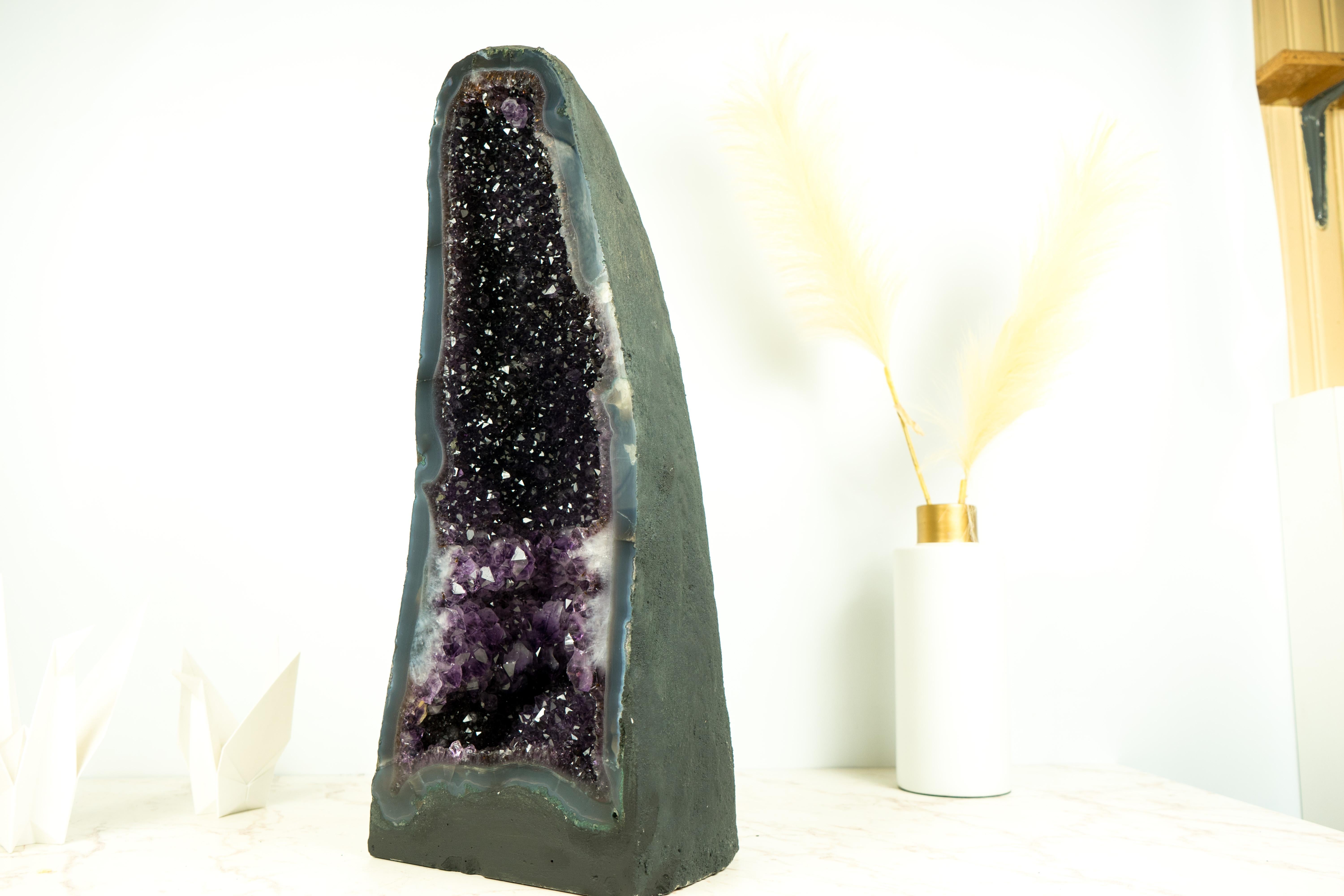 Brazilian Amethyst Geode Cathedral with AAA, Rich Violet-Purple Amethyst on Agate Matrix For Sale