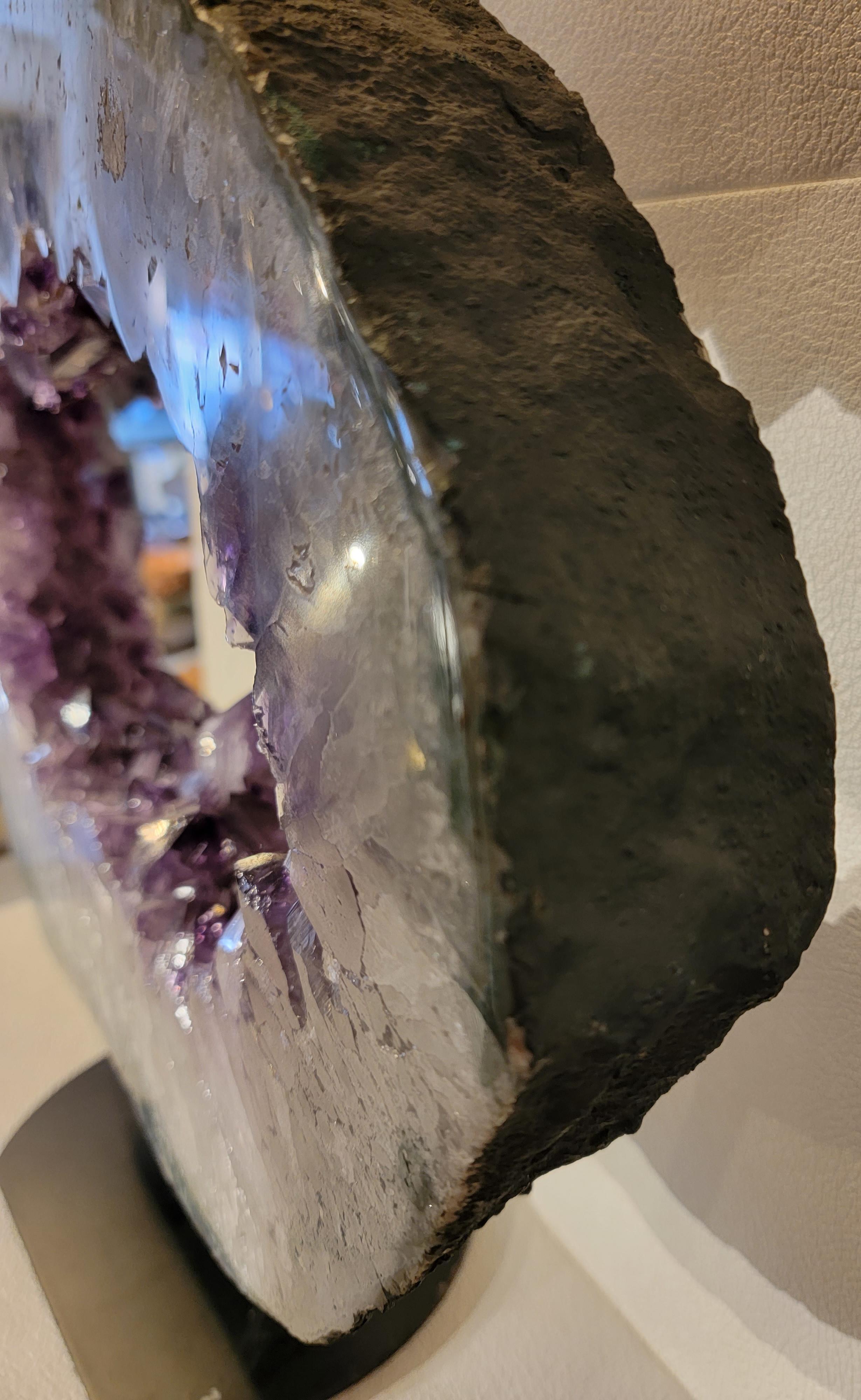 Mid-Century Modern Amethyst Geode Stone on Iron Stand For Sale