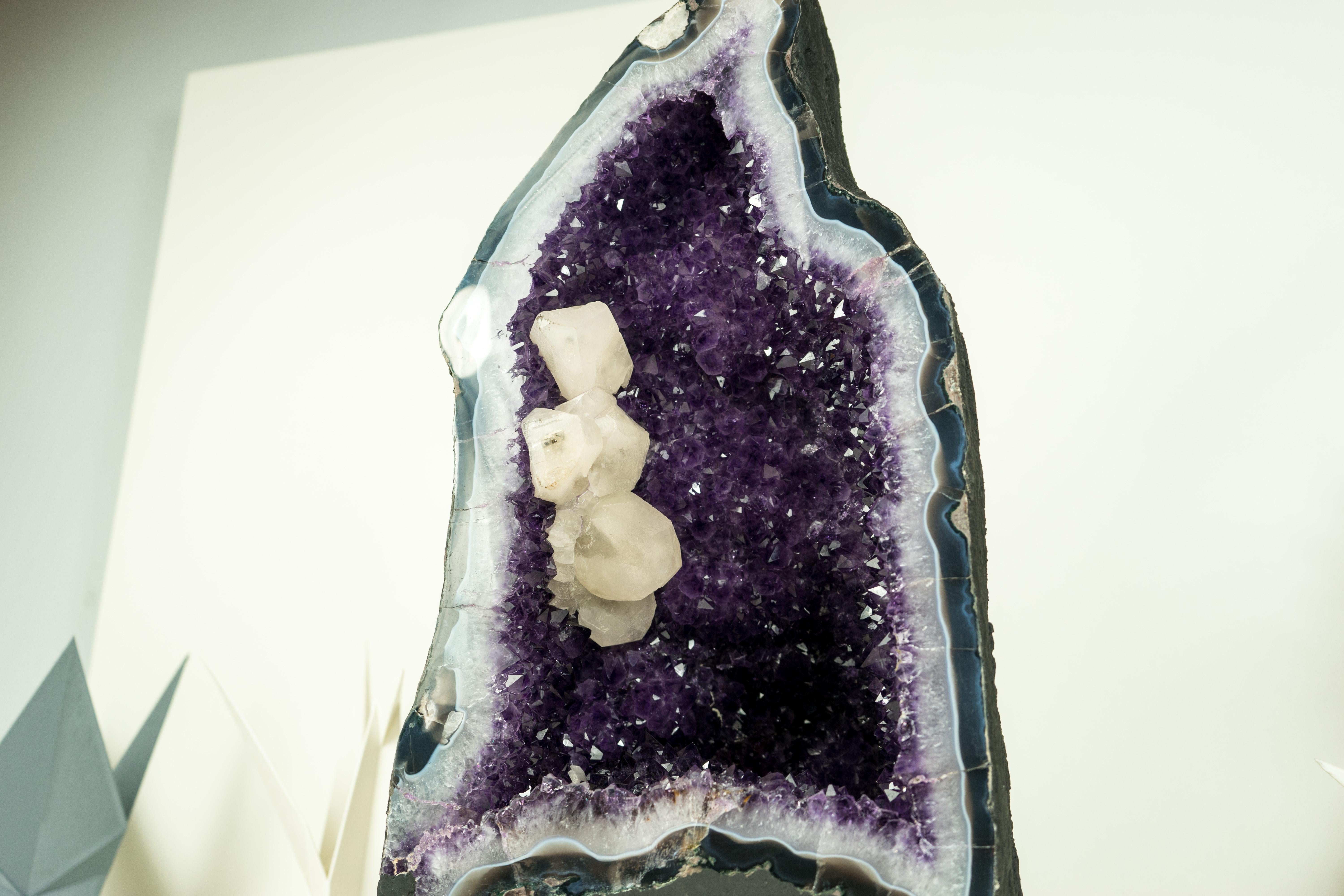 Amethyst Geode with Deep Purple Amethyst Druzy, Blue Lace Agate, and Calcite For Sale 5