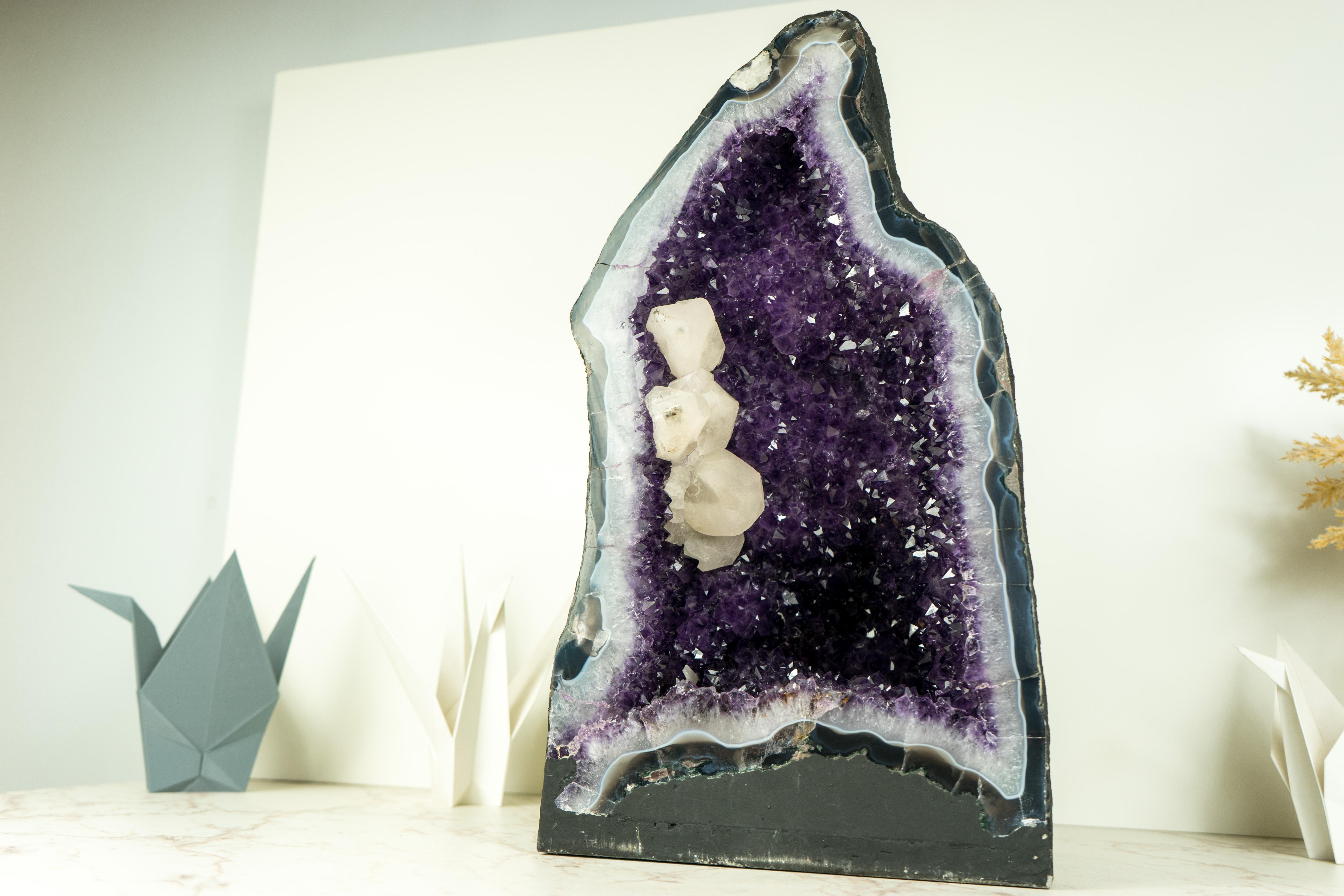 Amethyst Geode with Deep Purple Amethyst Druzy, Blue Lace Agate, and Calcite For Sale 6