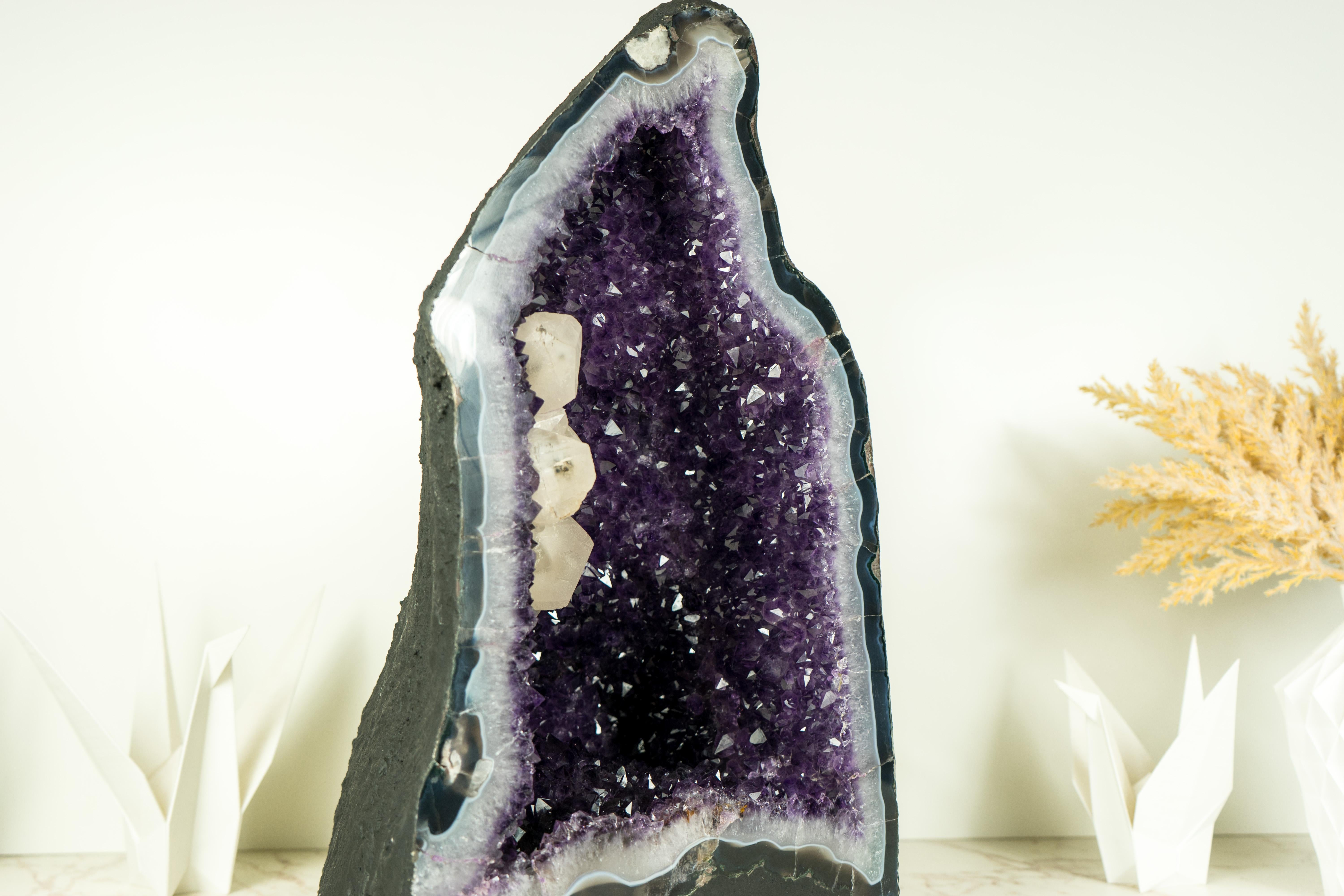 Contemporary Amethyst Geode with Deep Purple Amethyst Druzy, Blue Lace Agate, and Calcite For Sale