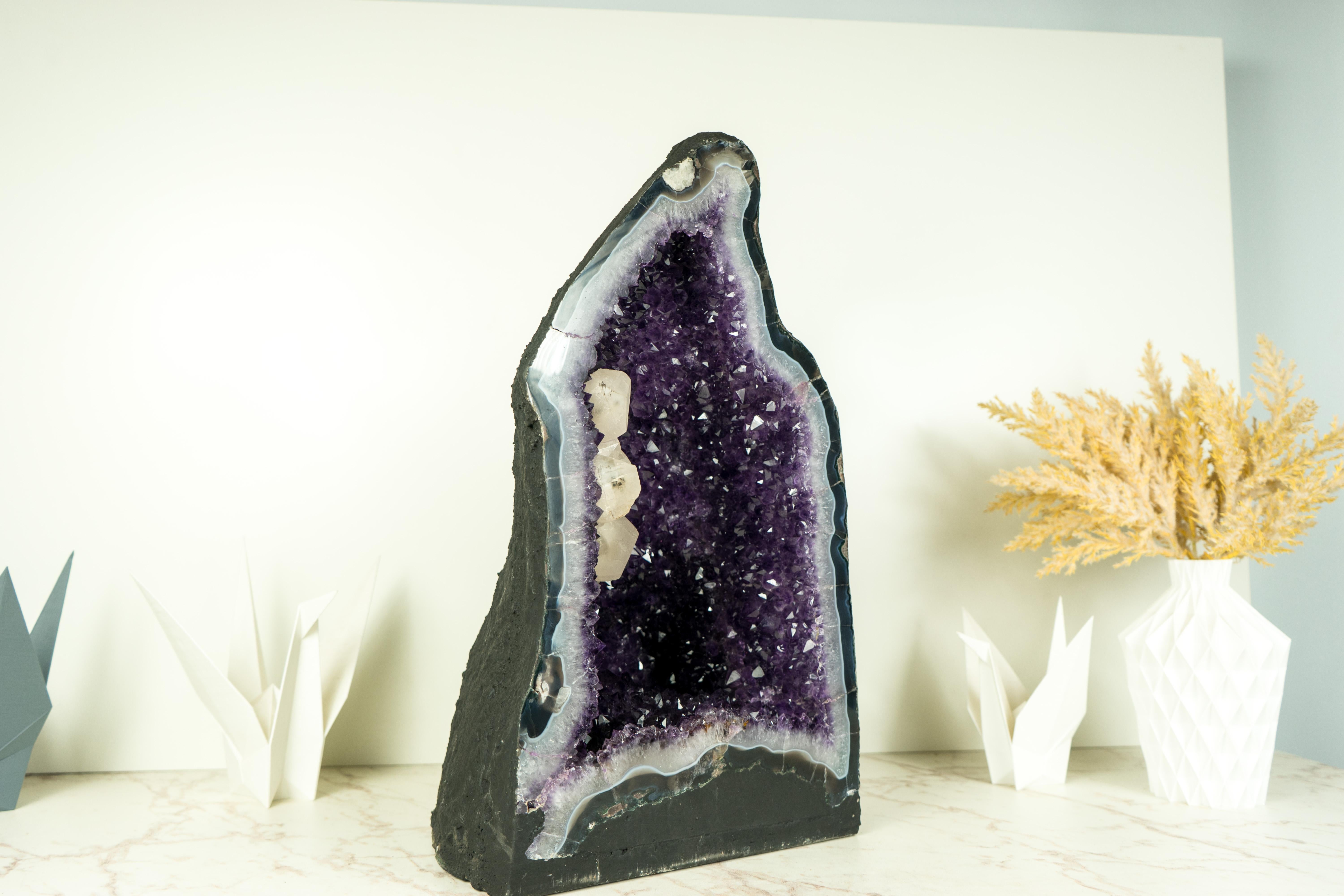 Amethyst Geode with Deep Purple Amethyst Druzy, Blue Lace Agate, and Calcite For Sale 1