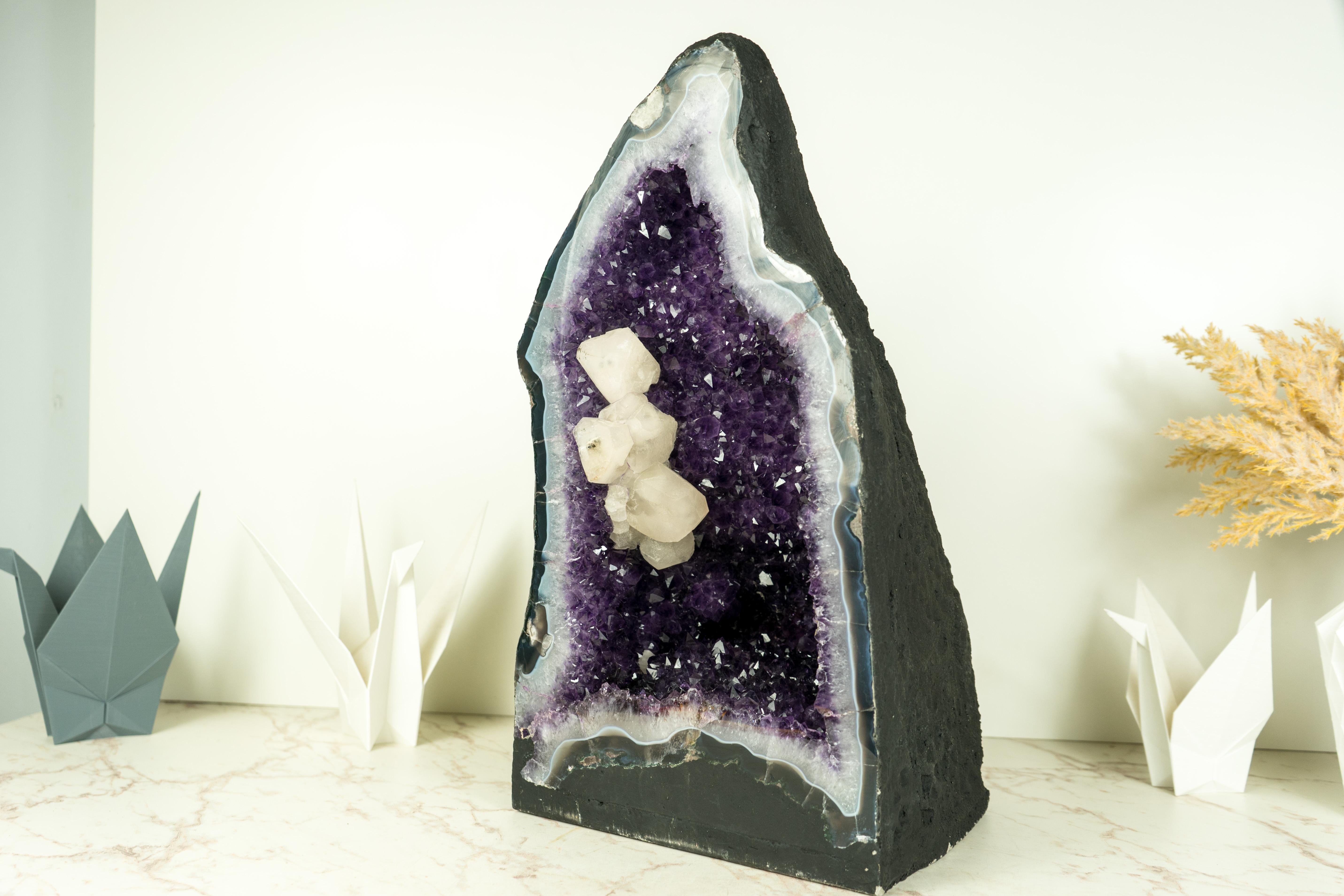 Amethyst Geode with Deep Purple Amethyst Druzy, Blue Lace Agate, and Calcite For Sale 3