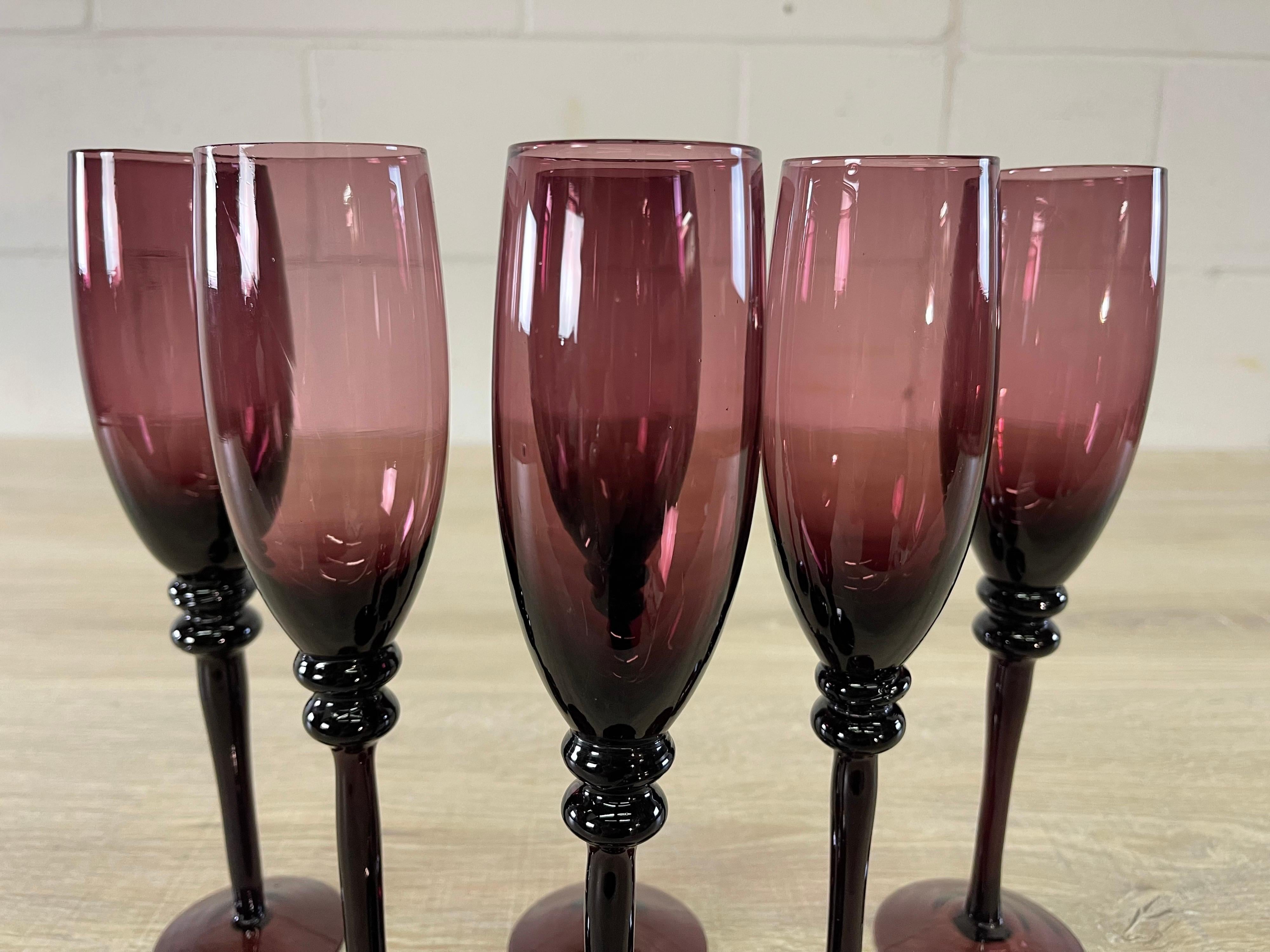Mid-Century Modern Amethyst Glass Champagne Flutes, Set of 6 For Sale