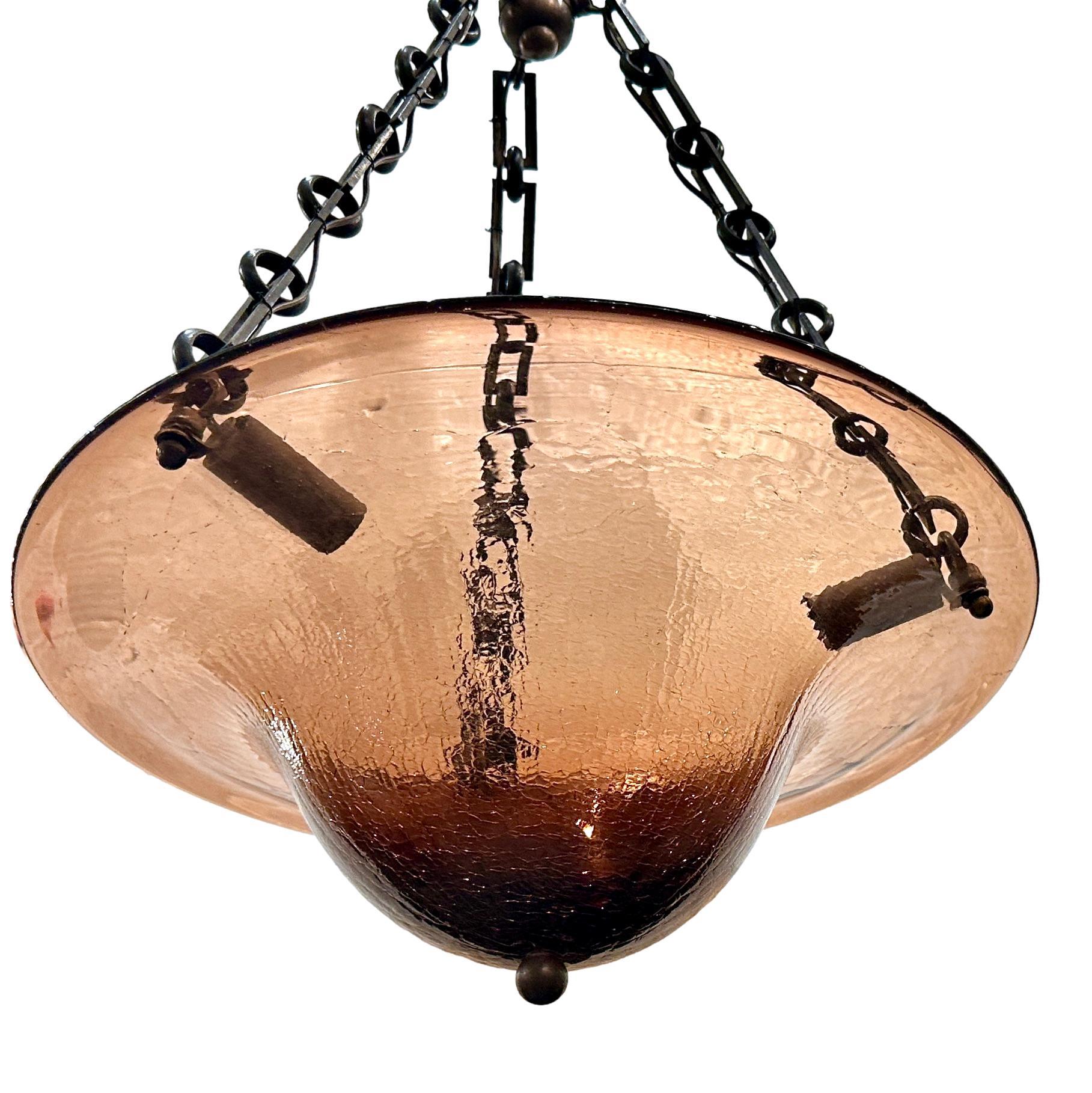 A circa 1950's Italian blown and crackled glass light fixture with 3 interior lights.

Measurements:
Drop: 26