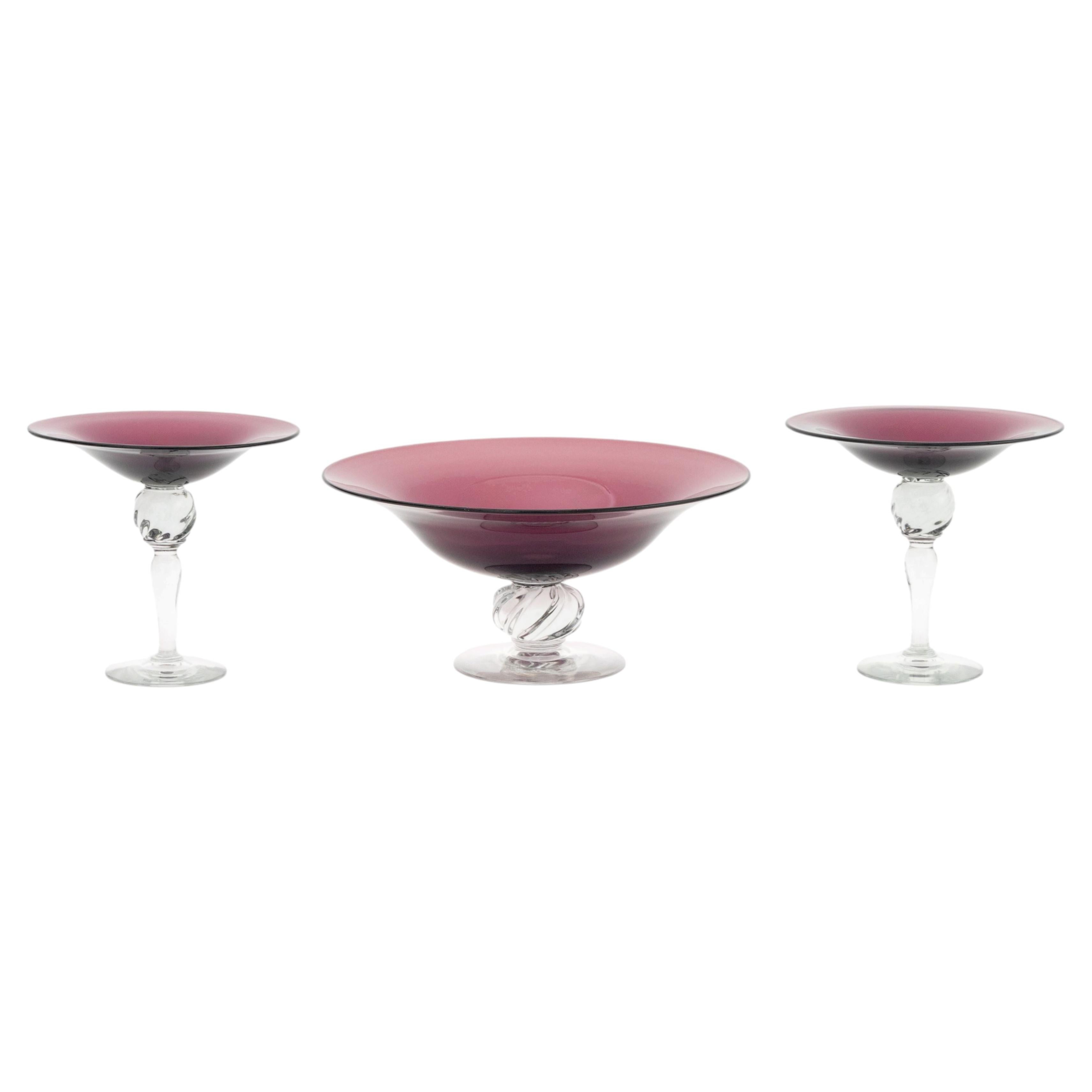 Three Amethyst Glass Tazzas, Pair of Tall Tazzae and Centerpiece Bowl For Sale