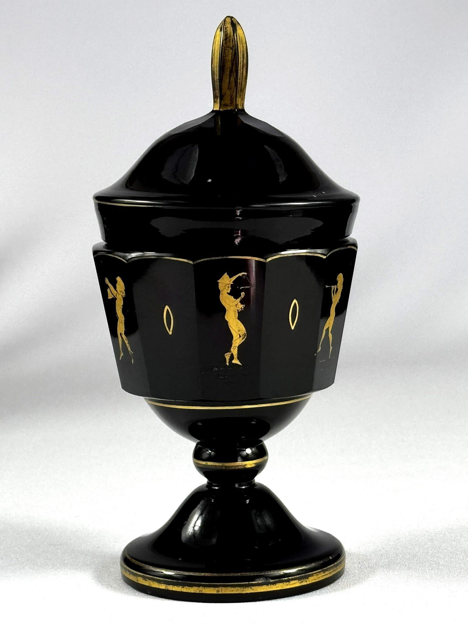 Hand-Crafted Amethyst Goblet with lid - gold painted and cut (Moser - Bohemian Glass) For Sale