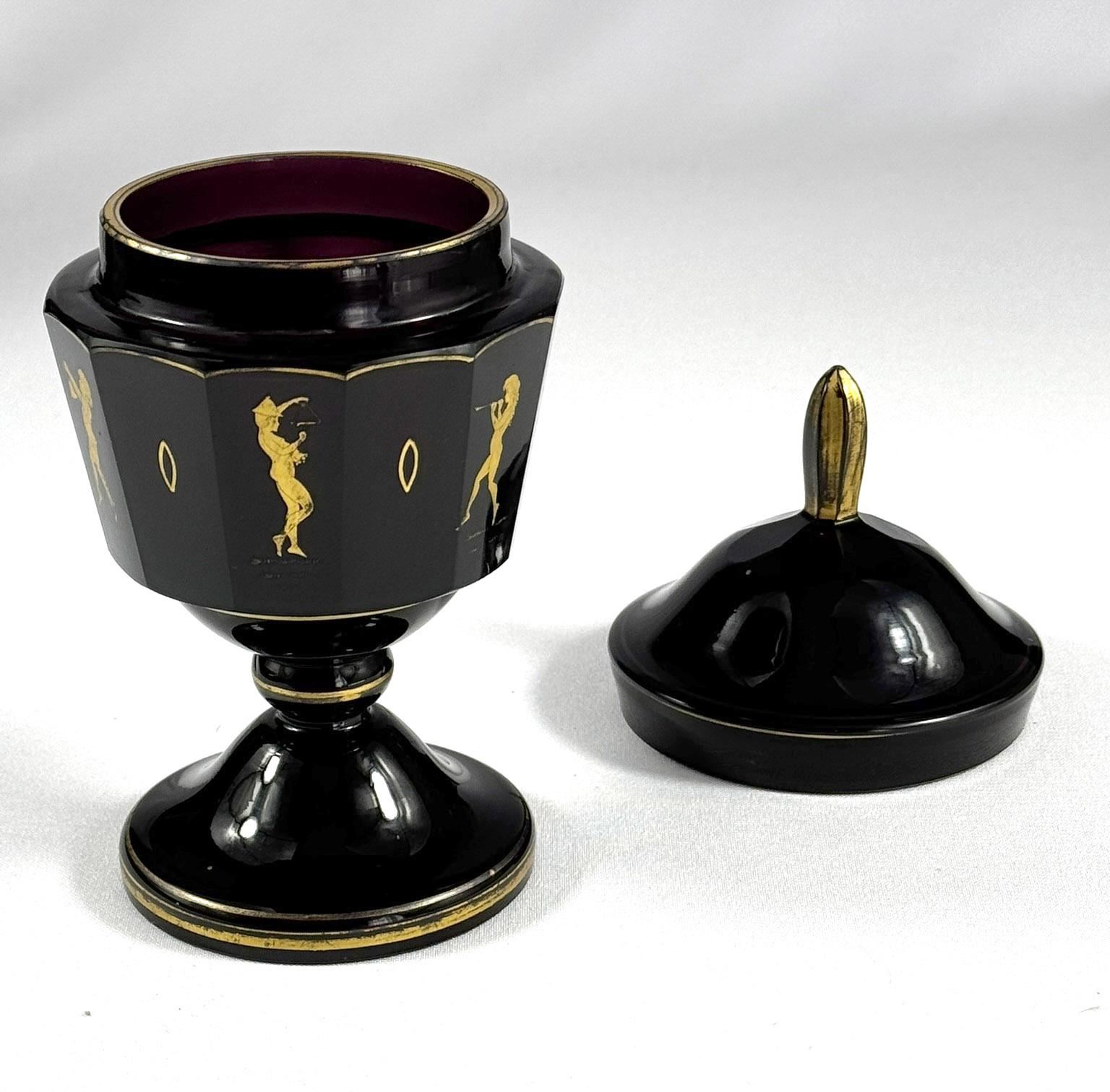 20th Century Amethyst Goblet with lid - gold painted and cut (Moser - Bohemian Glass) For Sale