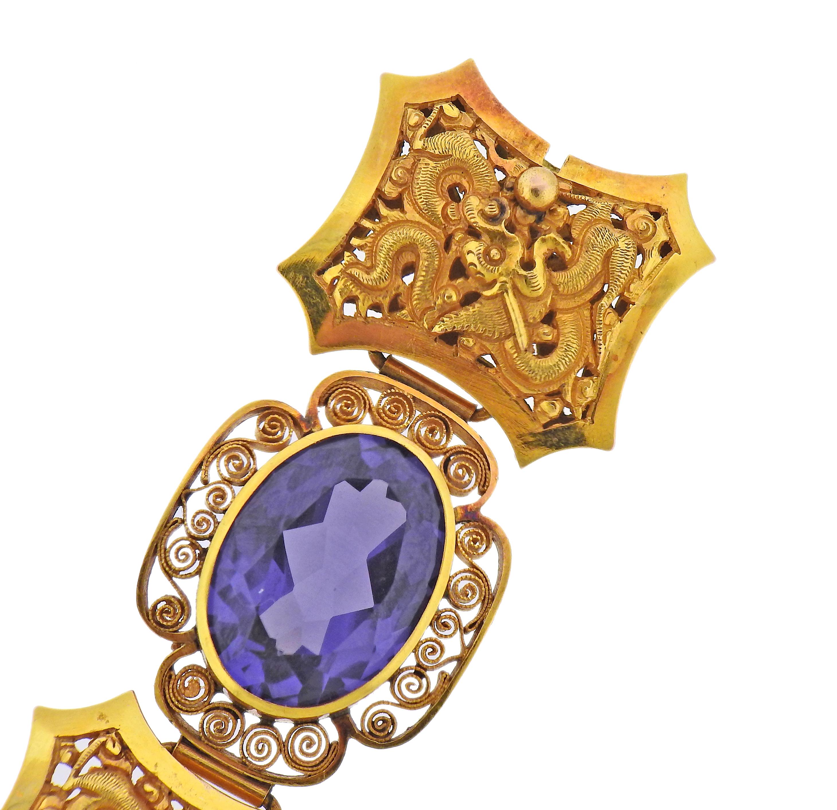 Pulsera de oro amarillo de 18 quilates con cuatro amatistas ovaladas facetadas - aprox. 18 mm x 13 mm (ligeramente desgastadas). La pulsera mide 7