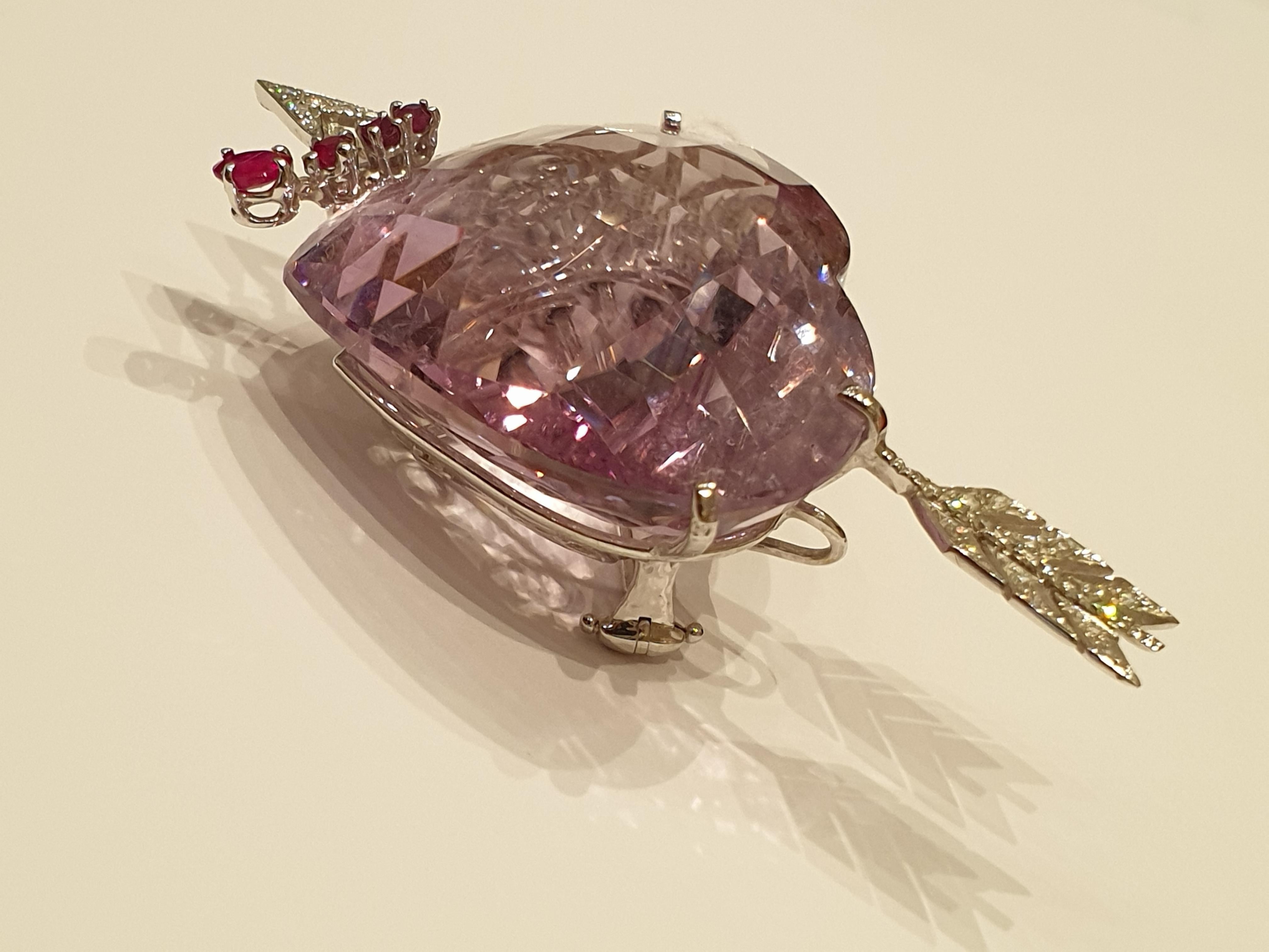 Women's Amethyst Gold Brooch in the Form of a Pierced Heart with Diamonds and Rubies