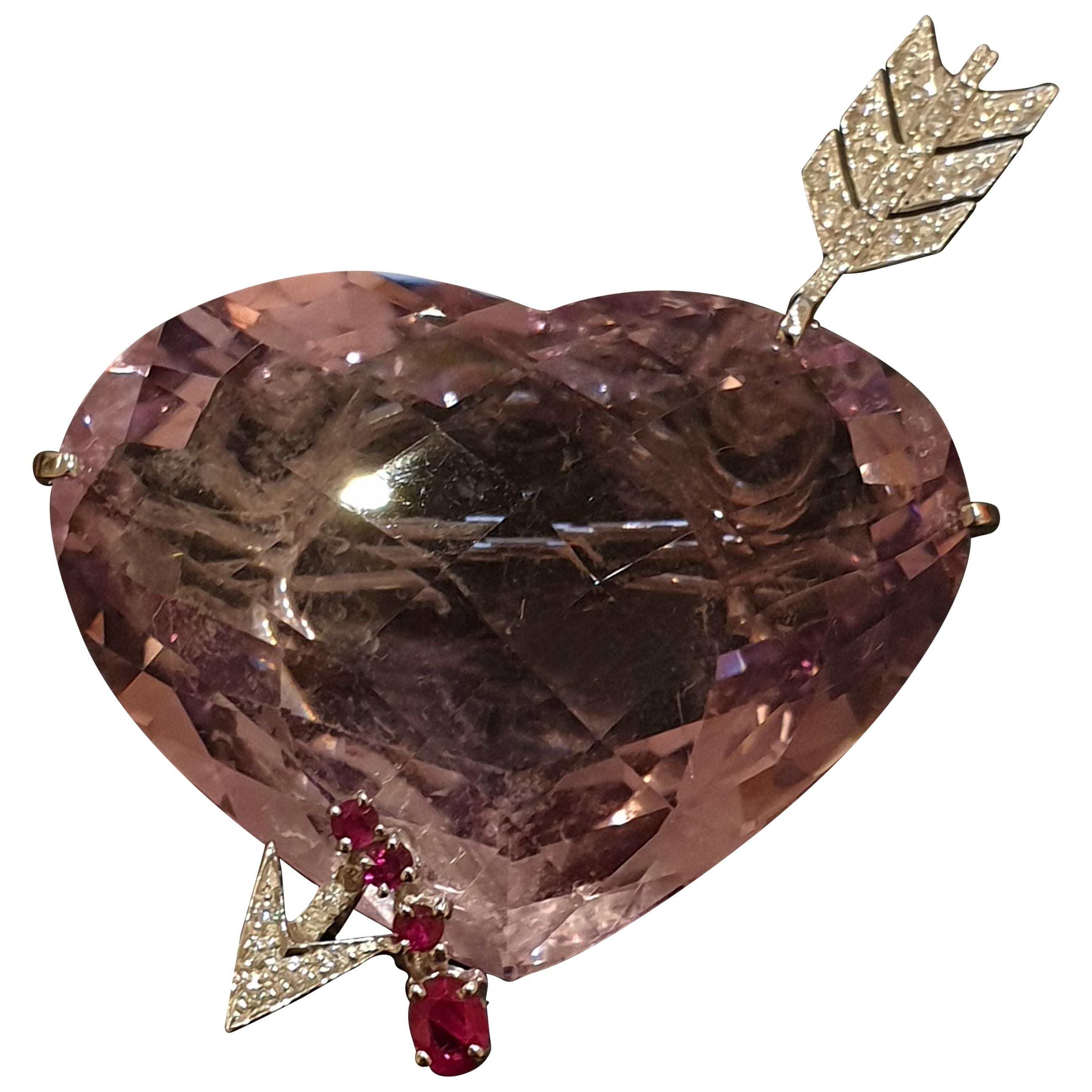 Amethyst Gold Brooch in the Form of a Pierced Heart with Diamonds and Rubies
