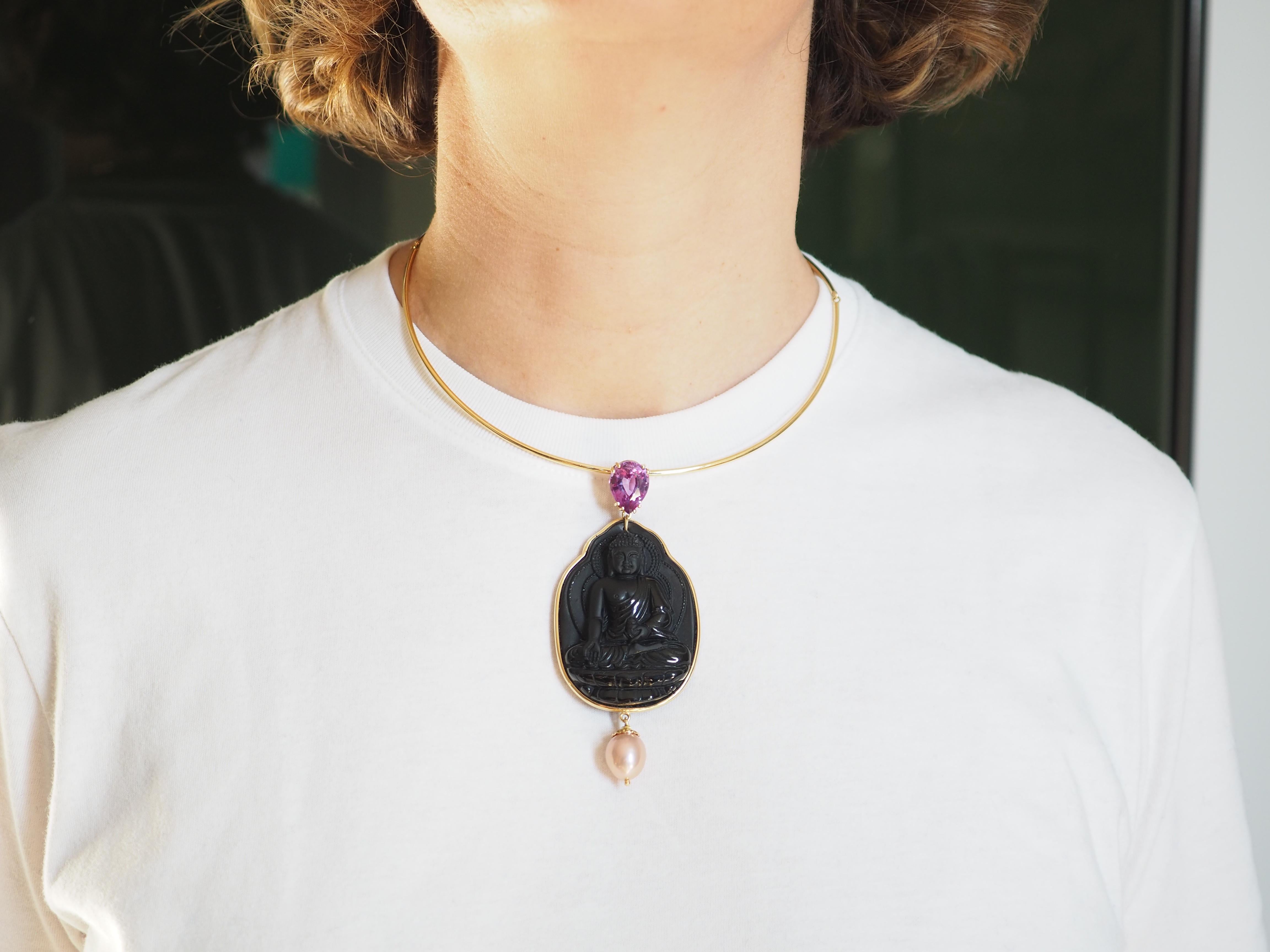 Artisan Amethyst Gold Pearl 18 Karat Yellow Gold Black Carved Onyx Buddha Necklace For Sale