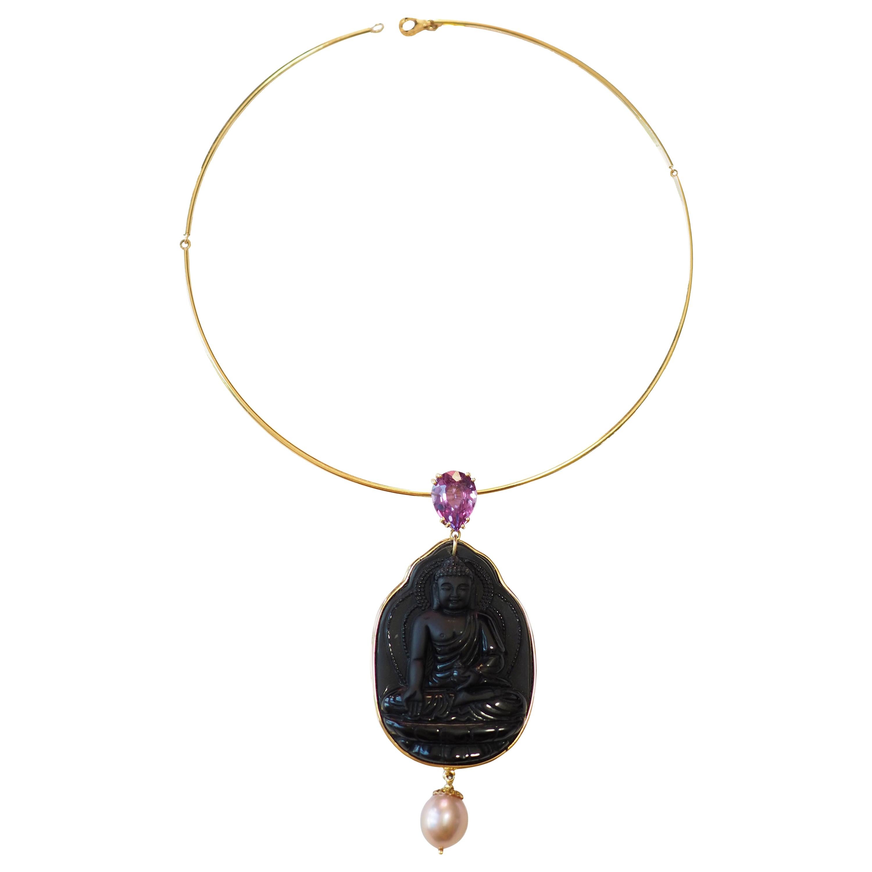 Amethyst Gold Pearl 18 Karat Yellow Gold Black Carved Onyx Buddha Necklace For Sale