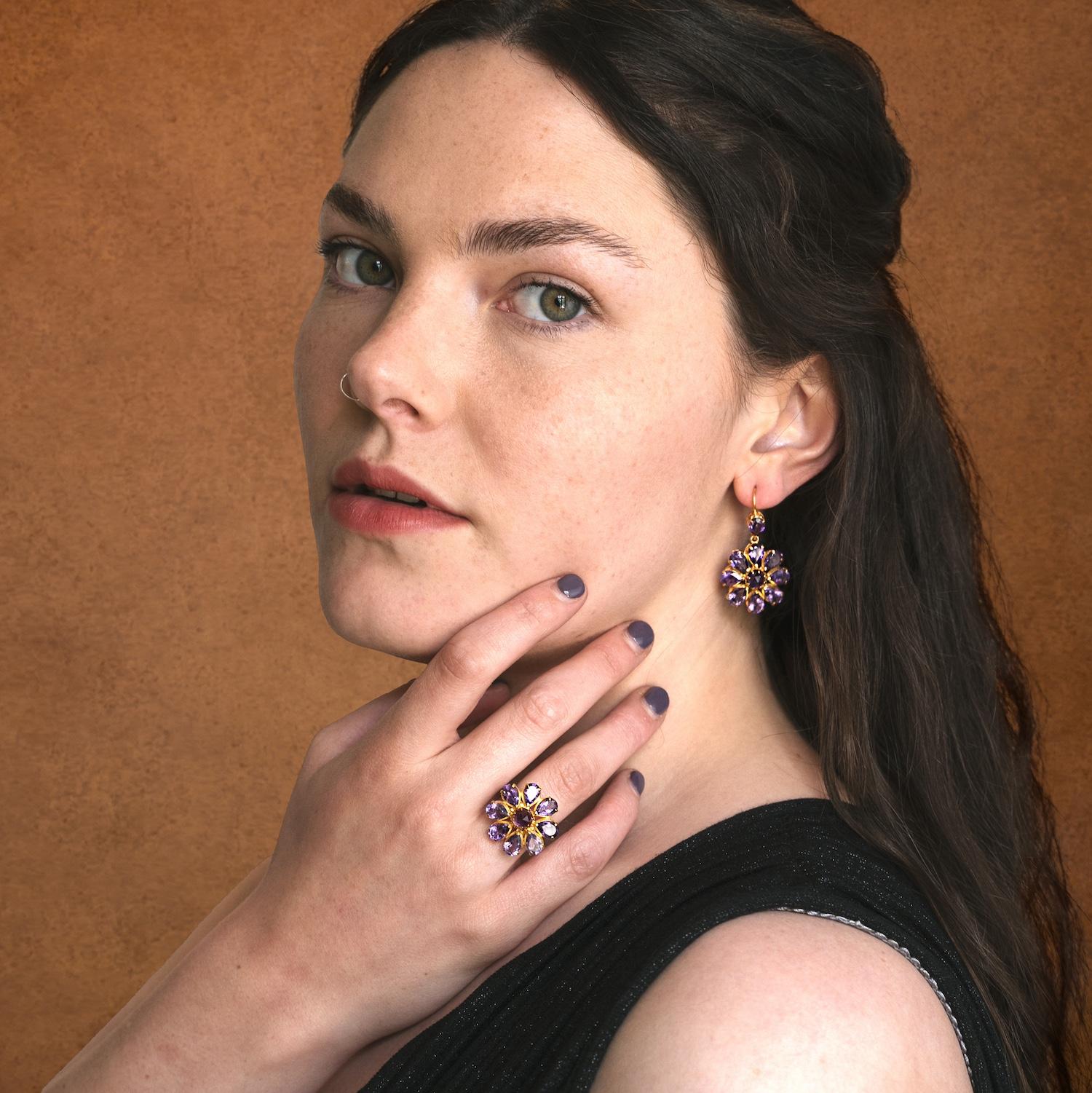 

These lovely limited edition amethyst dangle earrings were launched at London Fashion Week.

We have used hand-cut pear shaped amethysts in each pair of earrings, which are made in sterling silver with gold micron plating.  The backs of the