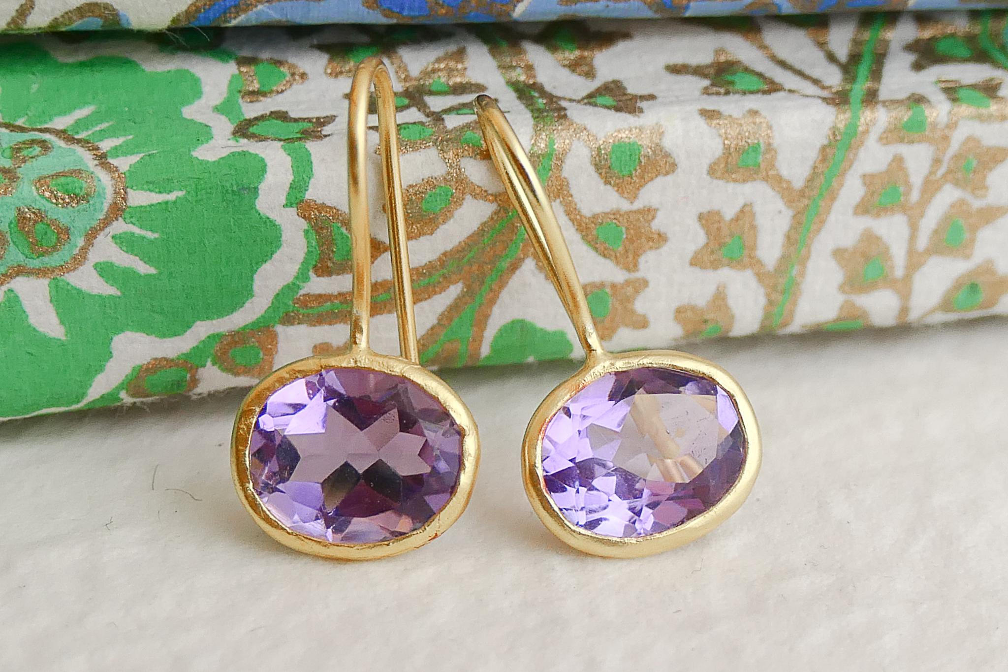 Oval Cut Amethyst Gold Plated Sterling Silver Drop Earrings For Sale