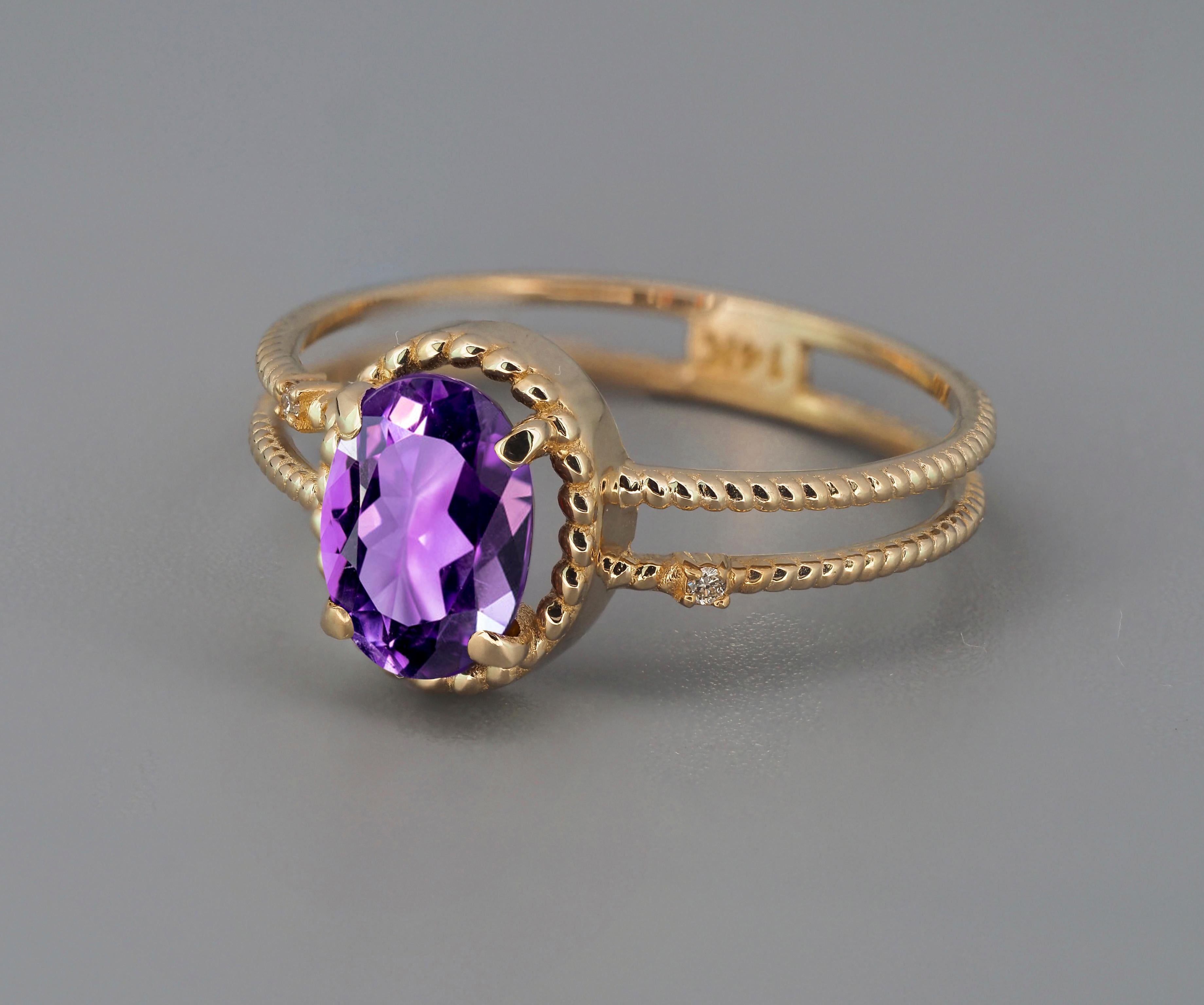 Oval Cut Amethyst Gold Ring, Oval Amethyst Ring, 14k Gold Ring with Amethyst For Sale