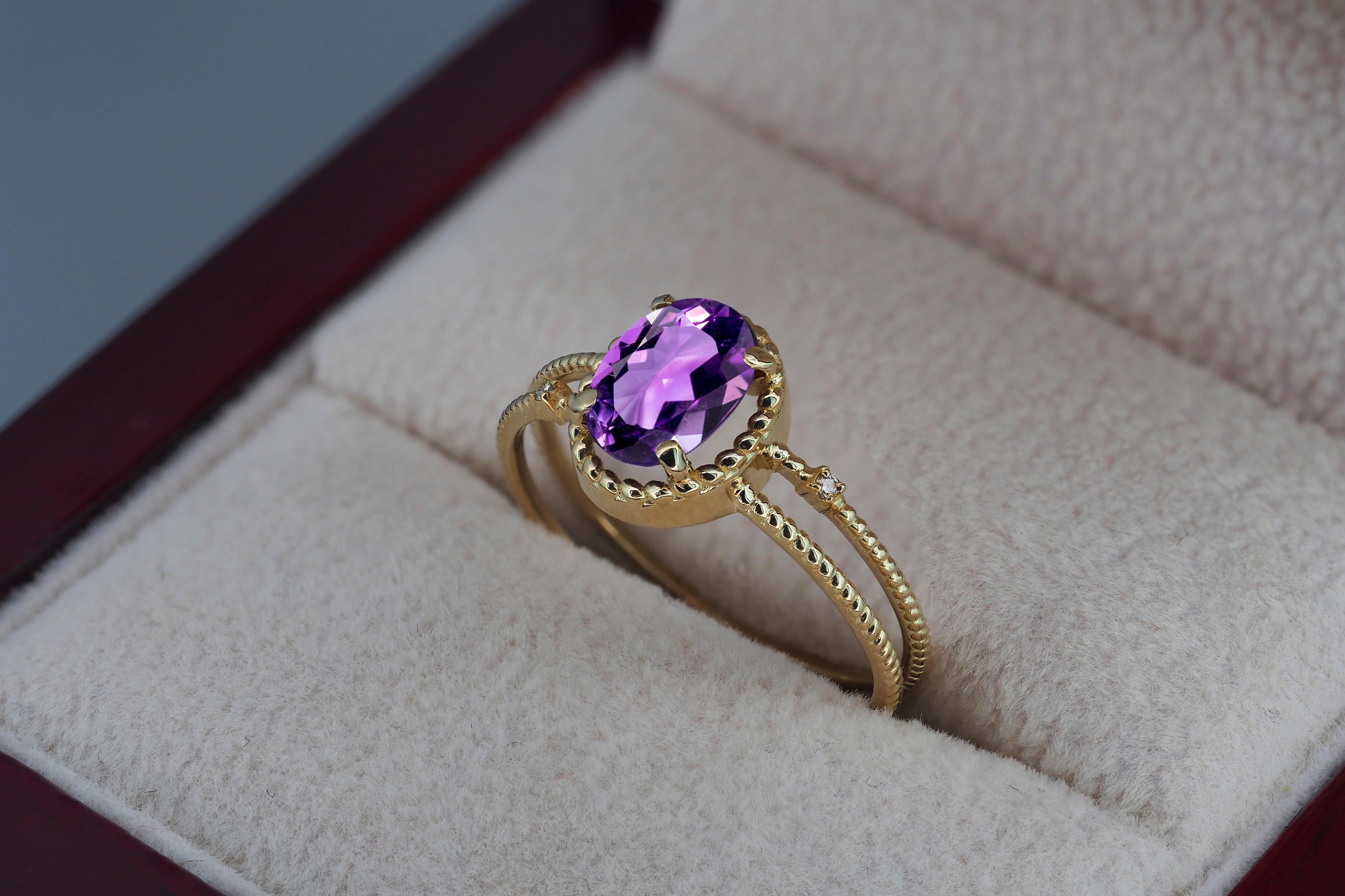 Amethyst Gold Ring, Oval Amethyst Ring, 14k Gold Ring with Amethyst In New Condition In Istanbul, TR