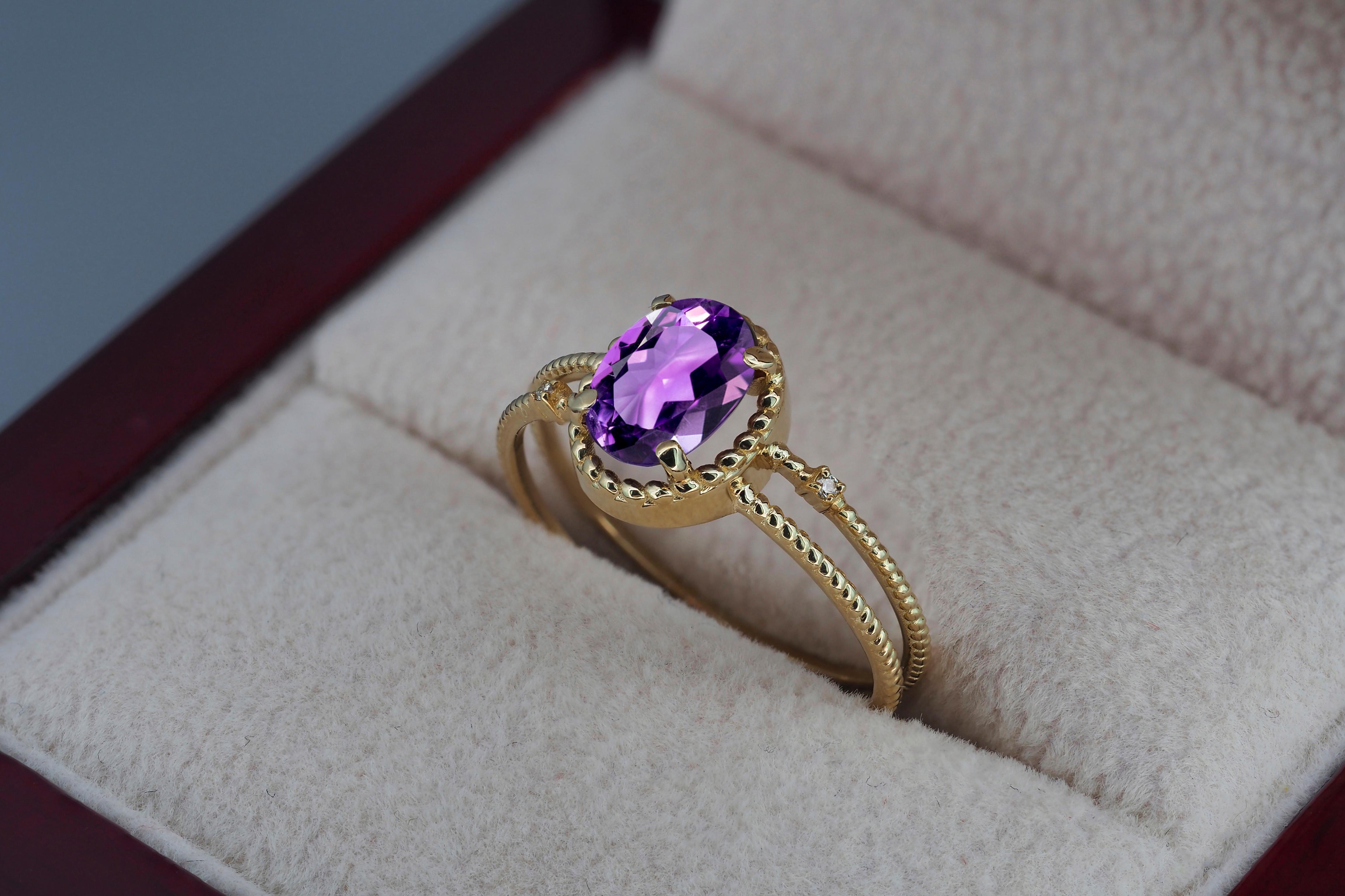 Amethyst Gold Ring, Oval Amethyst Ring, 14k Gold Ring with Amethyst In New Condition For Sale In Istanbul, TR
