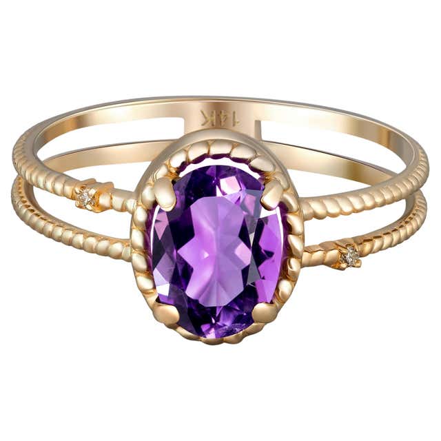 Amethyst Cabochon and Diamonds 14k gold Ring For Sale at 1stDibs