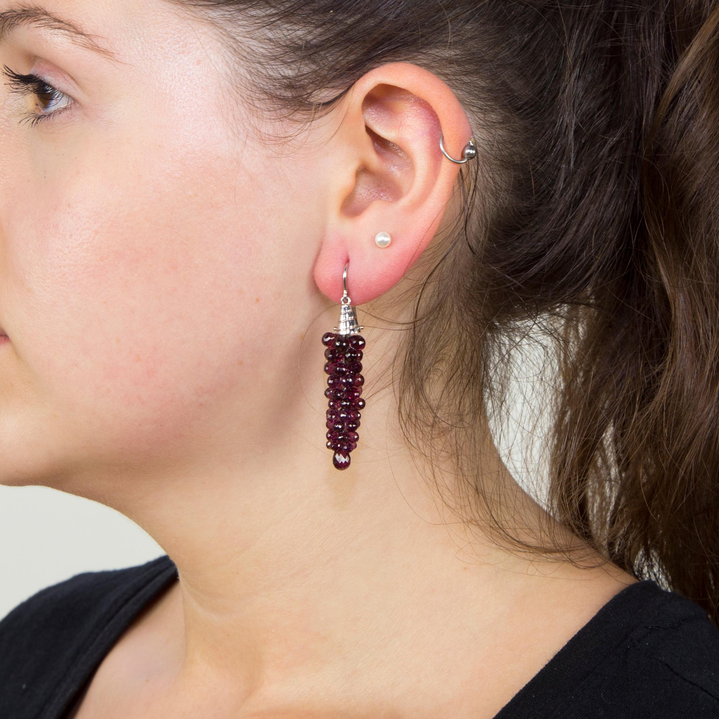 Stunning Gemstone Amethyst Dangle Earrings in Grape Cluster design, held by 18k white gold caps; Beautifully hand crafted; Shepard hook system; Outstanding in every way...A must have you’ll enjoy for many years to come! 
