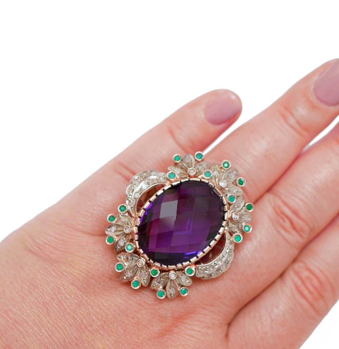 Anello in ametista, agata verde, diamanti, oro rosa 14 carati e argento. In condizioni buone in vendita a Marcianise, Marcianise (CE)