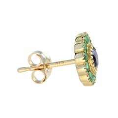 Amethyst & Green Emerald Petal Flower 14K Yellow Gold Stud Earrings