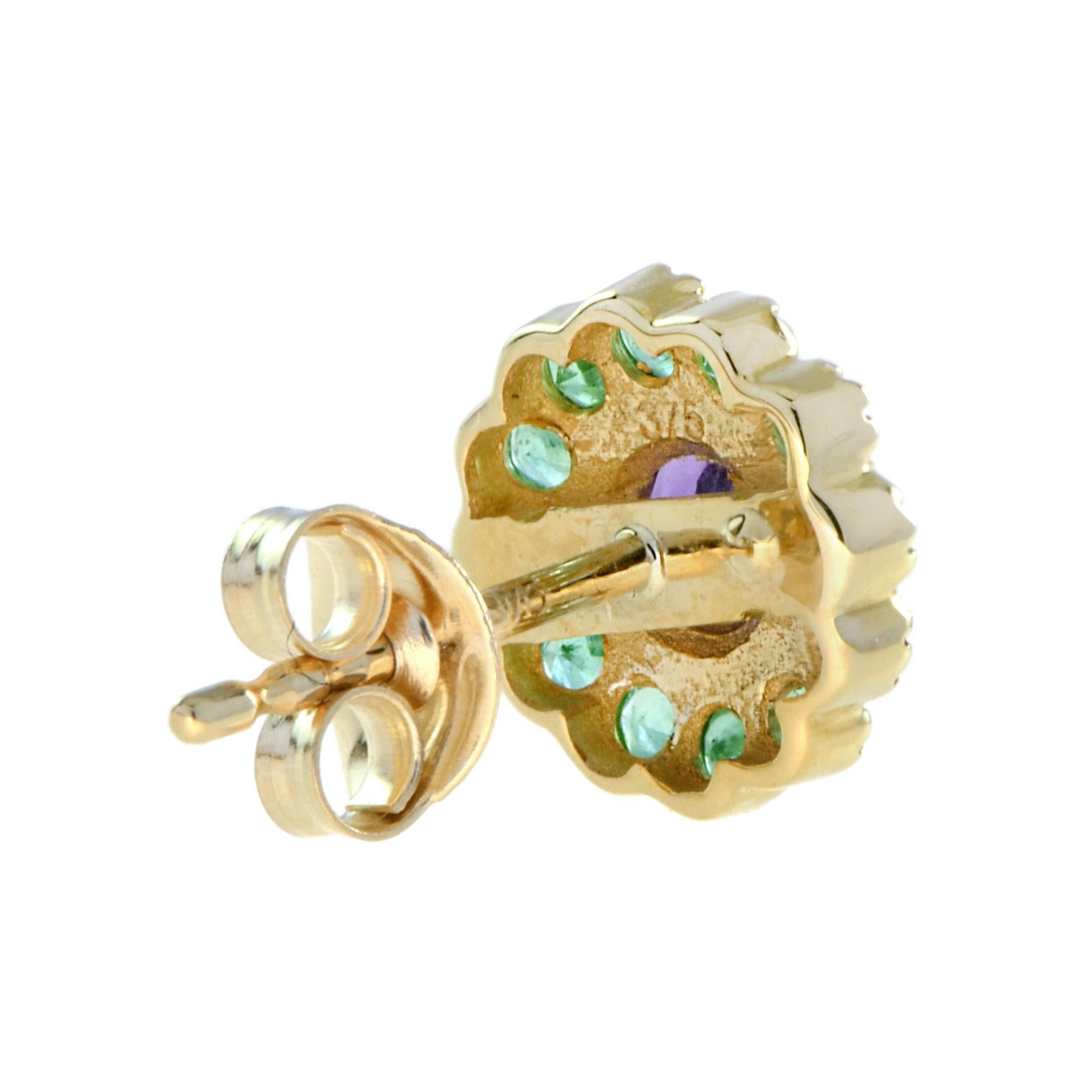 Taille ronde Boucles d'oreilles en or jaune 14K avec fleur pétale d'améthyste et d'émeraude verte en vente