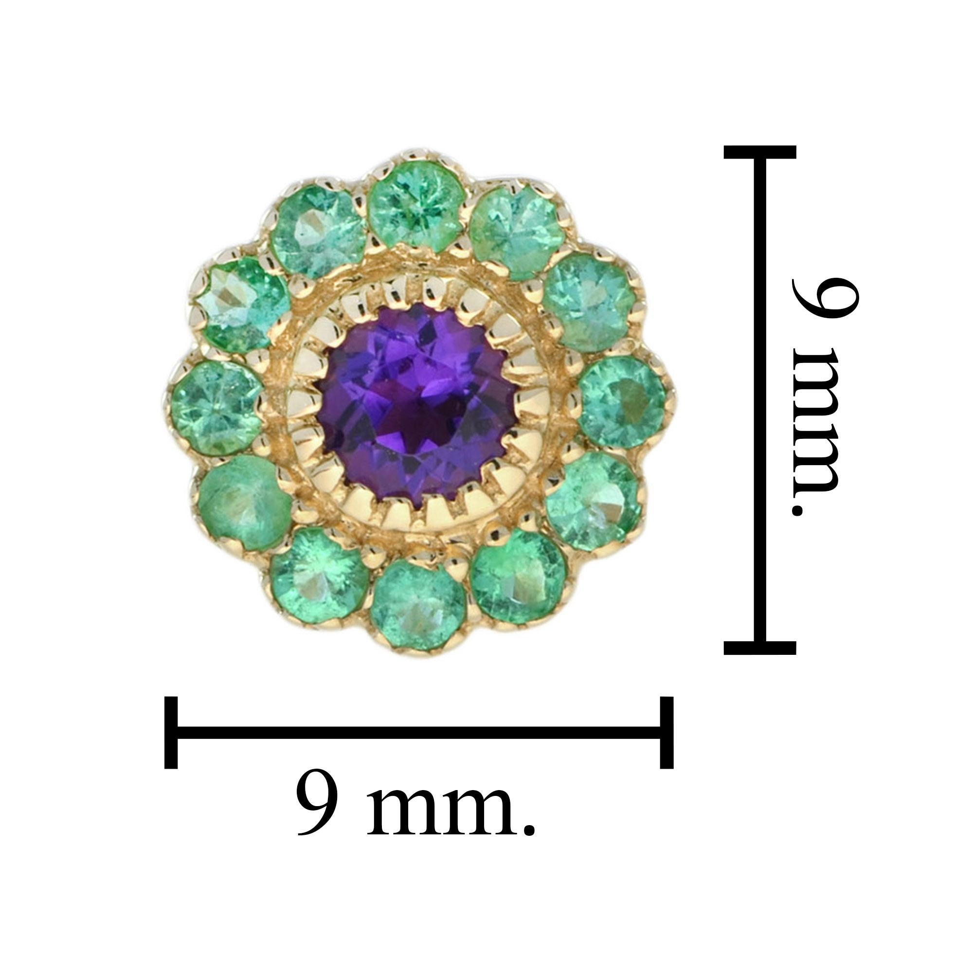 Boucles d'oreilles en or jaune 14K avec fleur pétale d'améthyste et d'émeraude verte Neuf - En vente à Oakton, VA