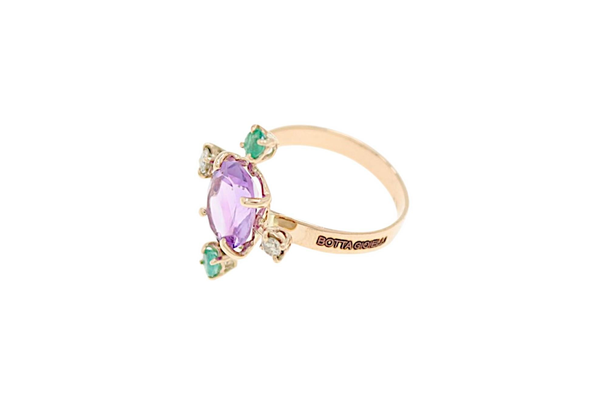 Contemporary Amethyst Green Emeralds White Diamonds Rose Gold Ring Botta Gioielli For Sale