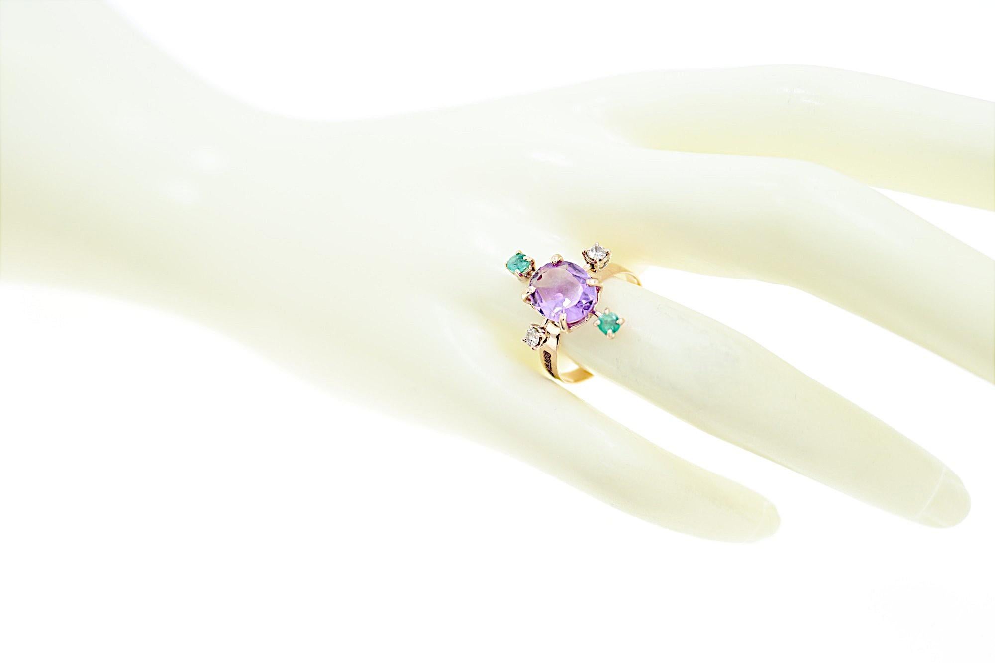 Brilliant Cut Amethyst Green Emeralds White Diamonds Rose Gold Ring Botta Gioielli For Sale