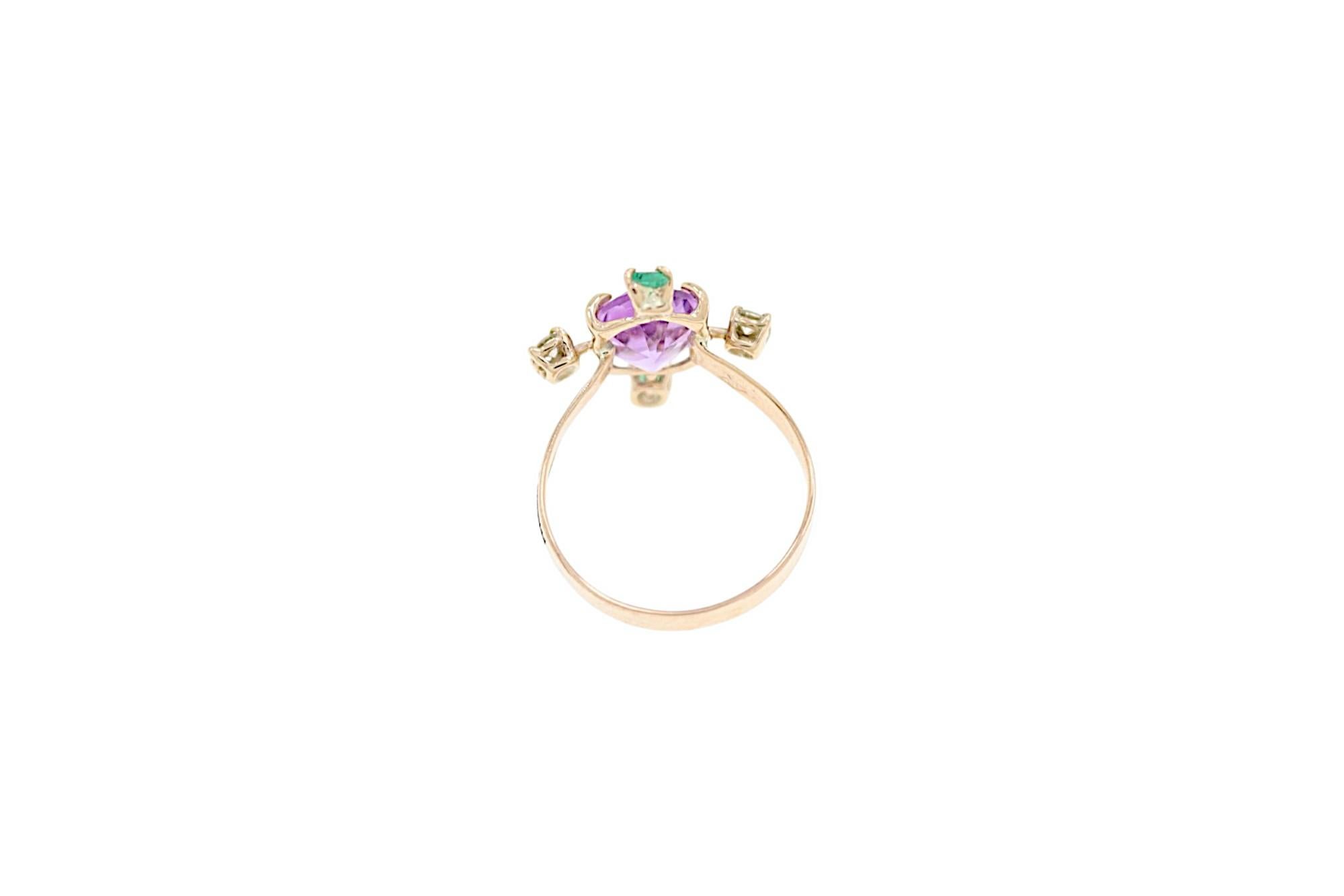 Women's Amethyst Green Emeralds White Diamonds Rose Gold Ring Botta Gioielli For Sale